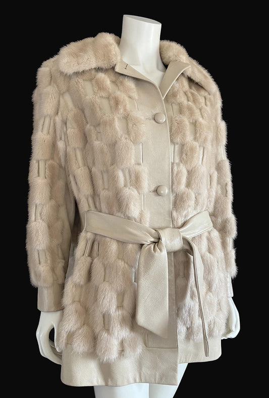 Beige MINK Fur Leather Coat, 1970s Real Vintage Jacket, Tan Blonde Wedding Bridal, Mob Wife Style Gift, Plus Large XL