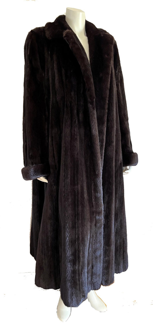 I. Magnin Geoffrey Beene MINK Fur Coat, Mahogany Ranch Brown Vintage Jacket, Full Length, Fully Let Out Female Skins Gift, Large XL Plus