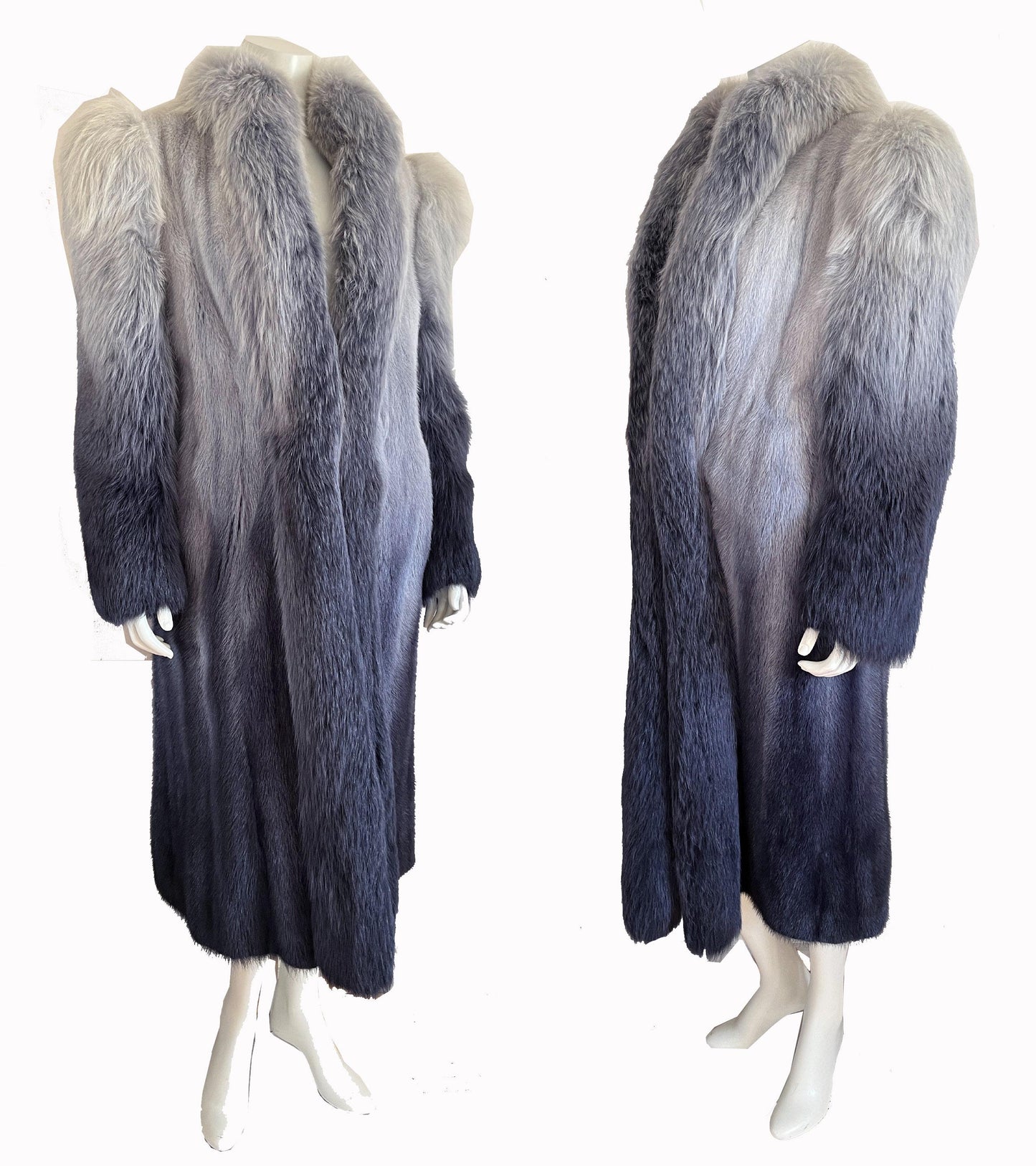 Ombre MINK & FOX Fur Coat, Luxury Vintage Blue Full Length Mob Wife Jacket, Mother of the Bride Gift, Tuxedo Apres Ski Coat