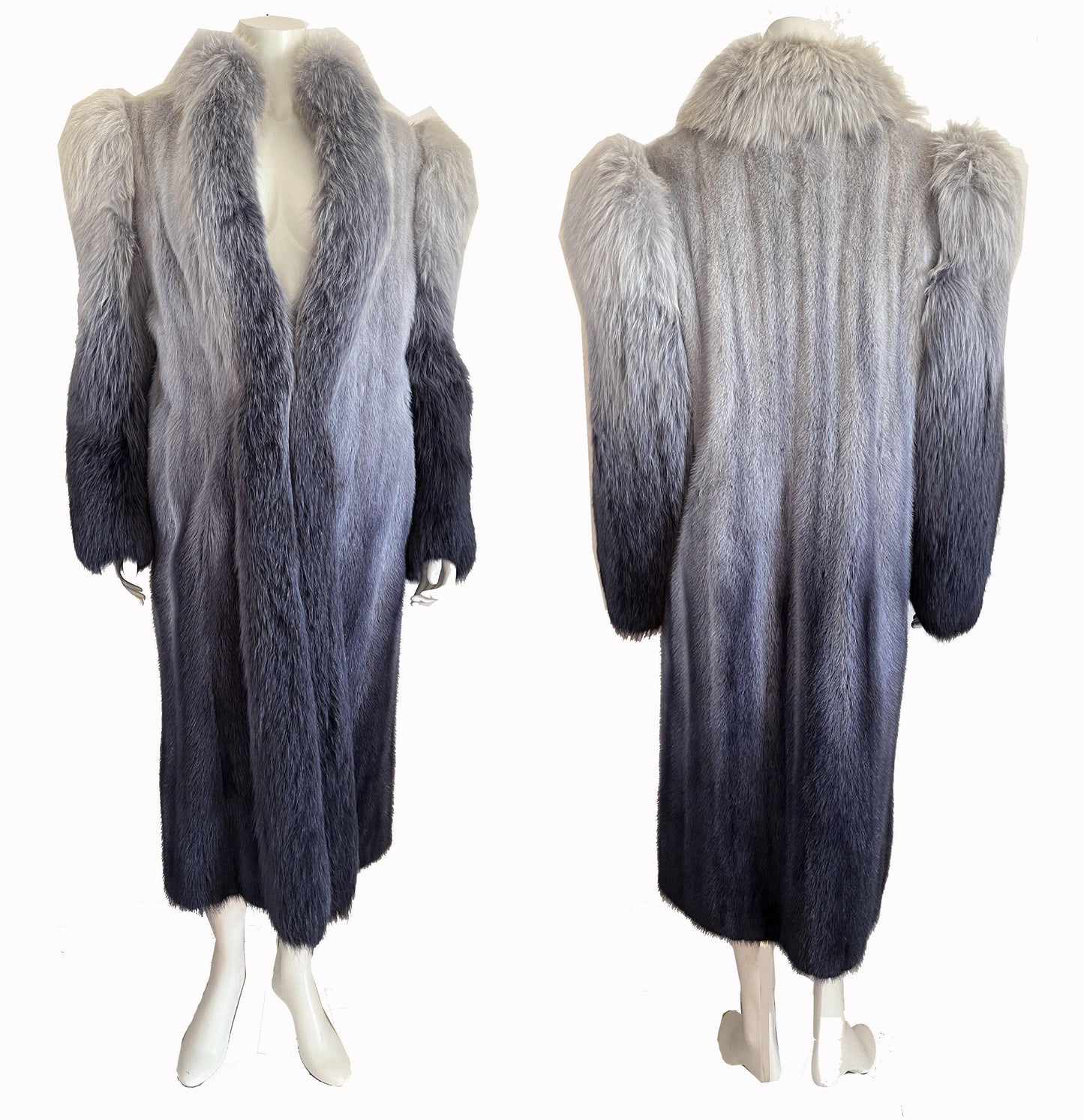 Ombre MINK & FOX Fur Coat, Luxury Vintage Blue Full Length Mob Wife Jacket, Mother of the Bride Gift, Tuxedo Apres Ski Coat
