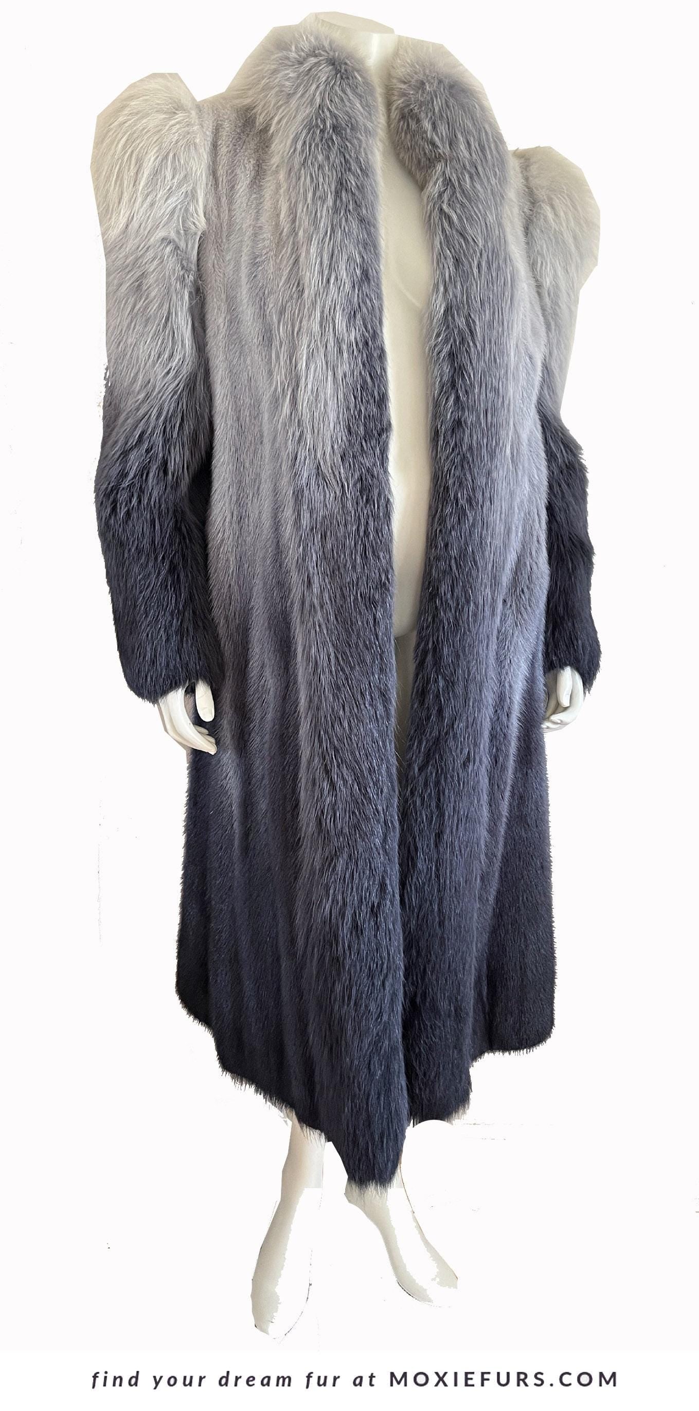 Ombre MINK & FOX Fur Coat, Luxury Vintage Blue Full Length Mob Wife Jacket, Mother of the Bride Gift, Tuxedo Apres Ski Coat