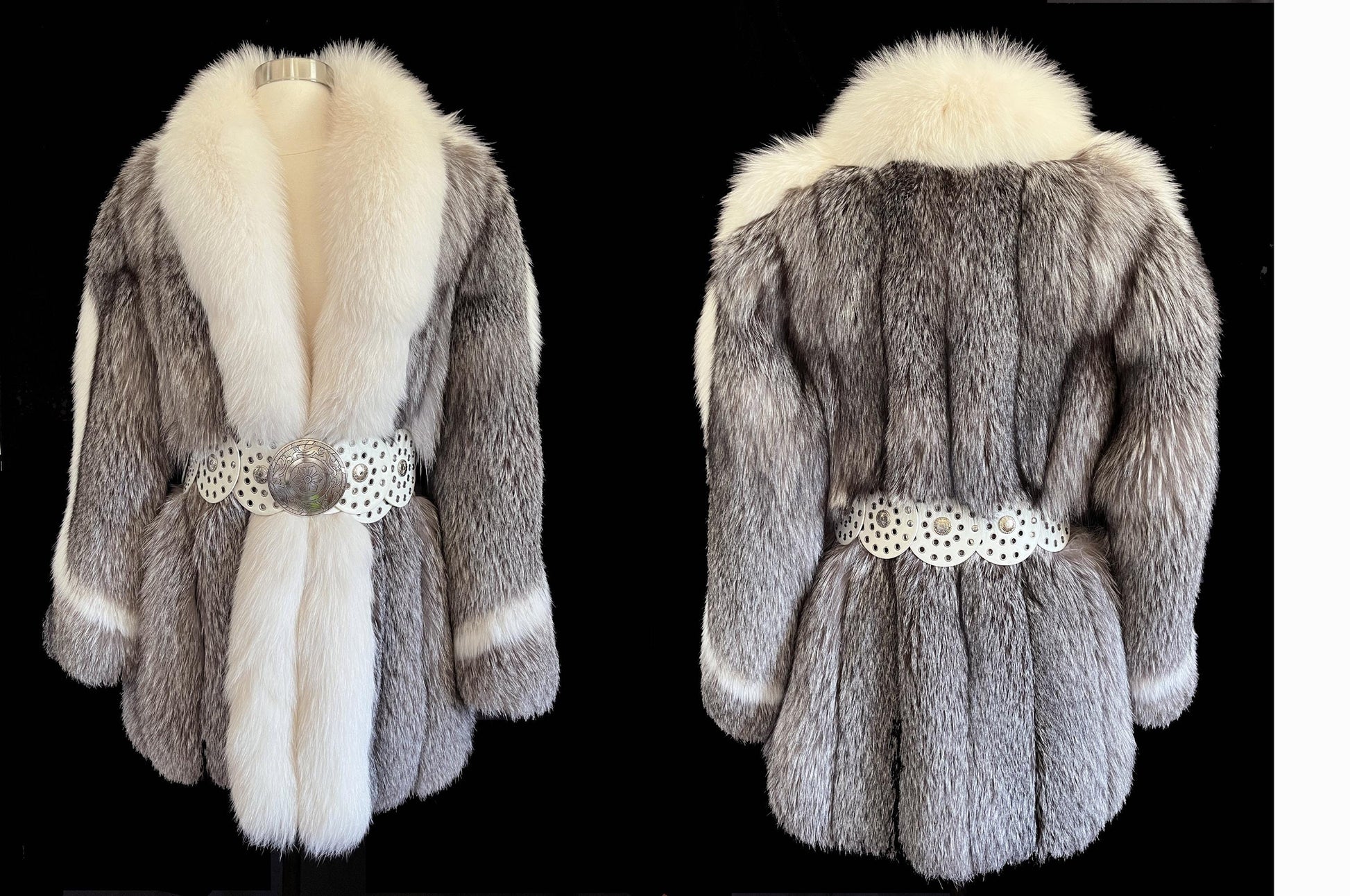 FOX Fur Coat, Diva Apres Ski Gift, Mob Wife Aesthetic, Vintage Tuxedo Jacket, Winter Wedding Bridal Stroller, Arctic Crystal Silver