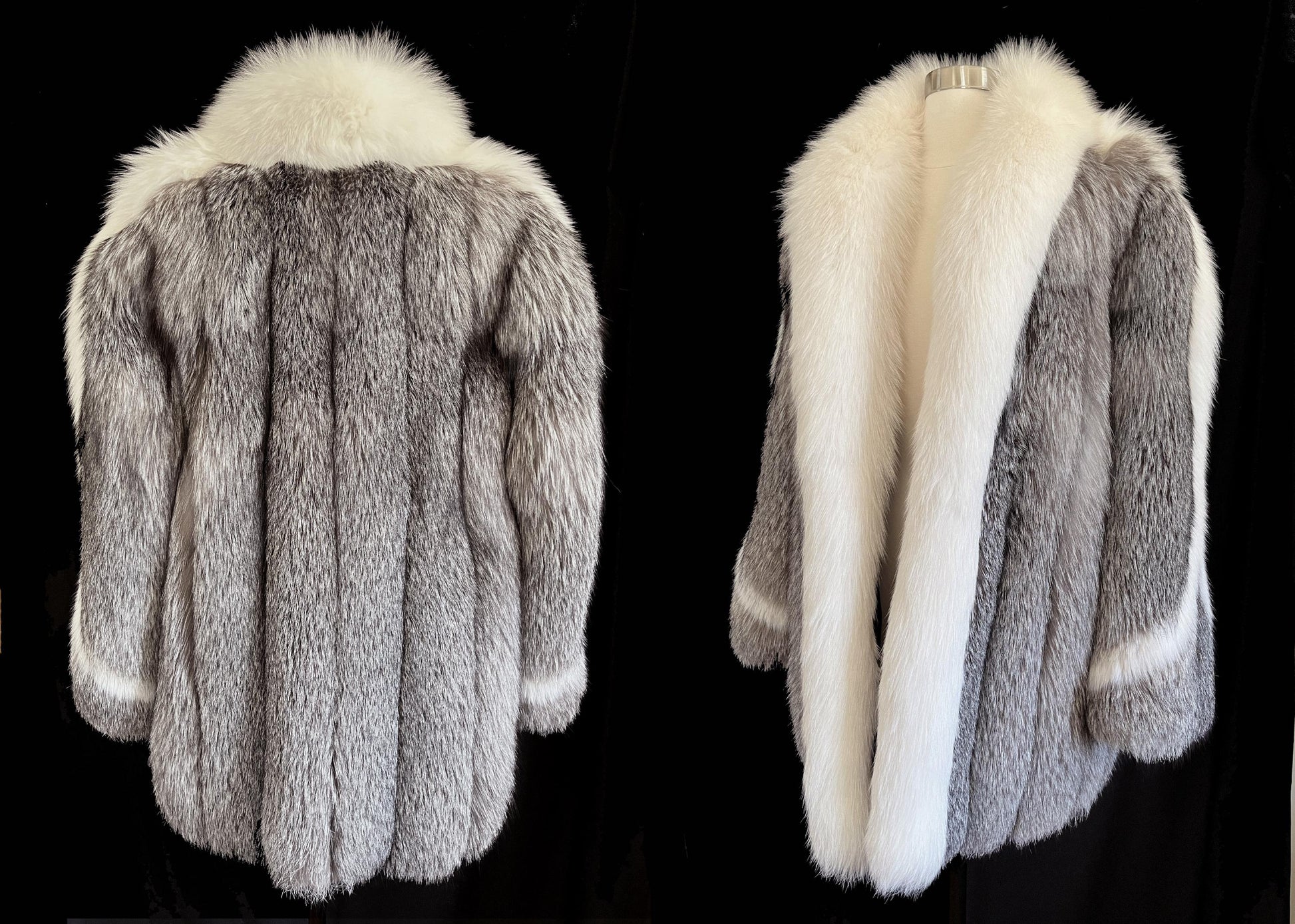 FOX Fur Coat, Diva Apres Ski Gift, Mob Wife Aesthetic, Vintage Tuxedo Jacket, Winter Wedding Bridal Stroller, Arctic Crystal Silver