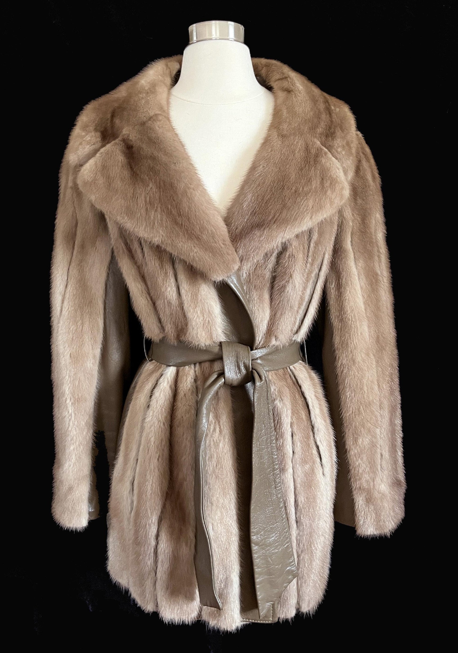 Brown MINK Fur Leather Coat, 1970s Pastel Real Vintage Jacket, Rustic Autumn Haze Wedding Bridal, Mob Wife Style Gift, Large XL