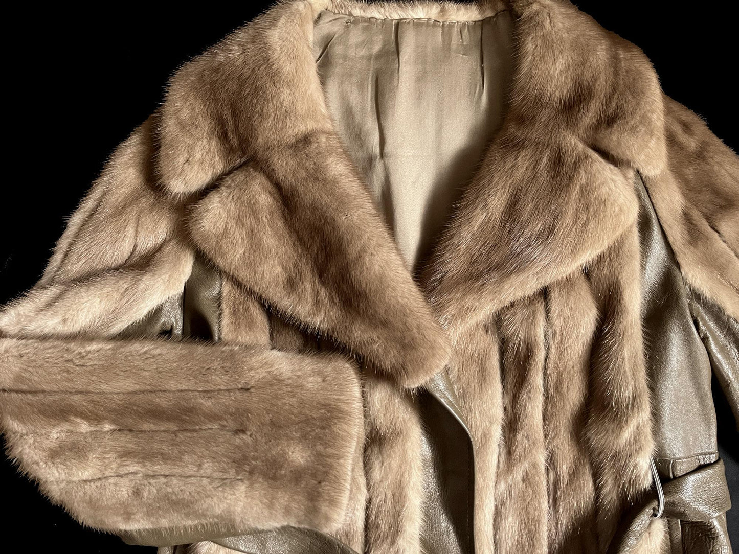 Brown MINK Fur Leather Coat, 1970s Pastel Real Vintage Jacket, Rustic Autumn Haze Wedding Bridal, Mob Wife Style Gift, Large XL