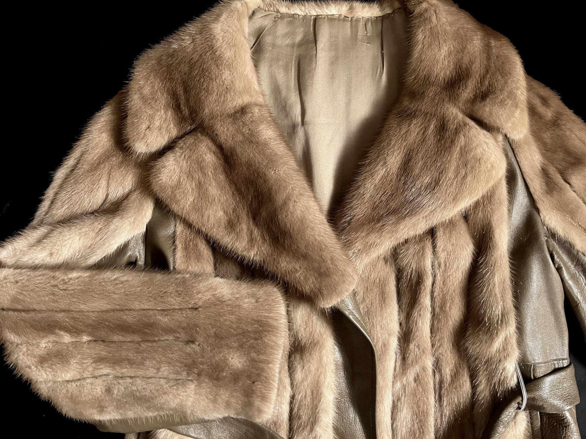 Brown MINK Fur Leather Coat, 1970s Pastel Real Vintage Jacket, Rustic Autumn Haze Wedding Bridal, Mob Wife Style Gift, Large XL