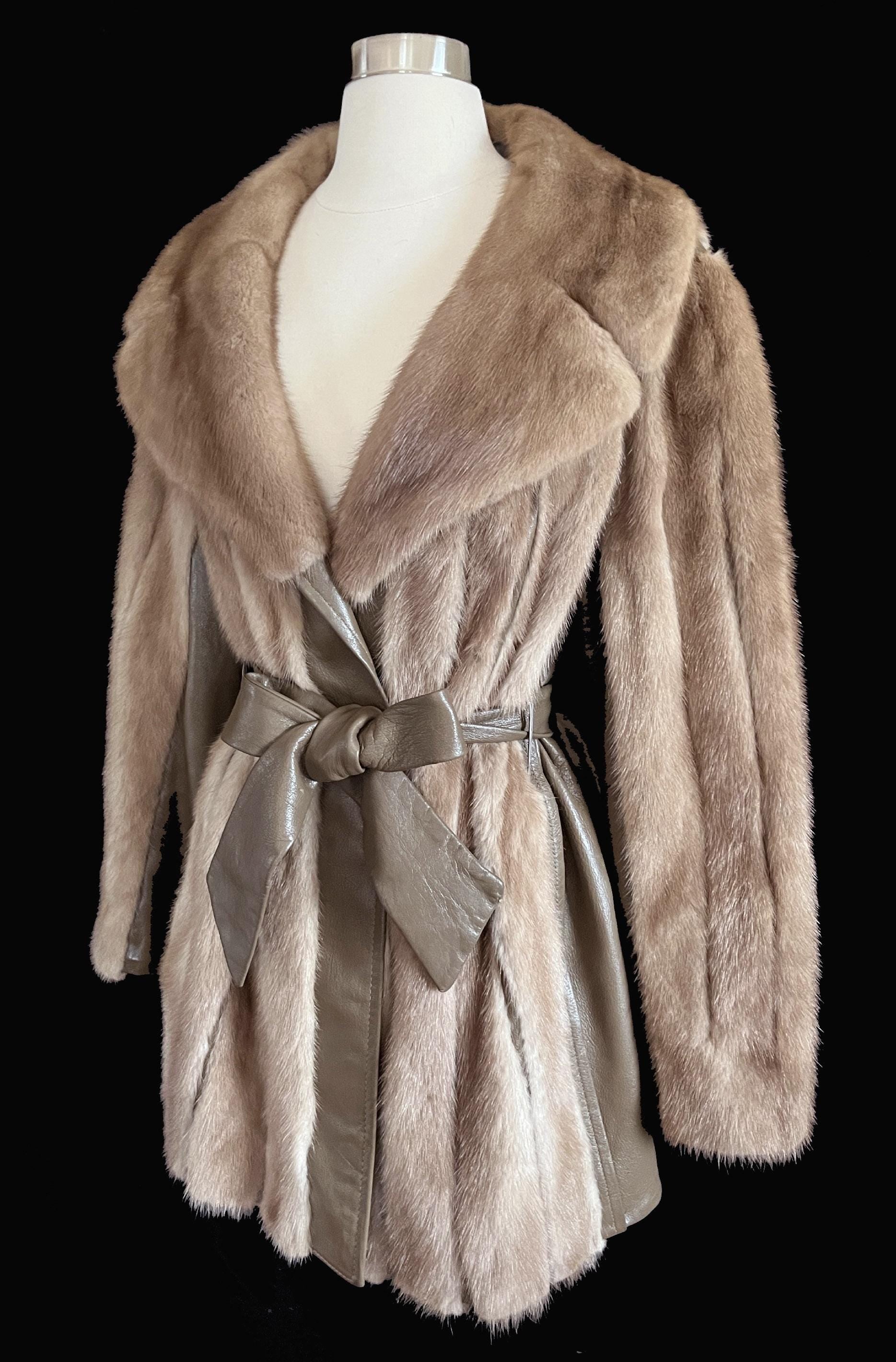 Brown MINK Fur Leather Coat, 1970s Pastel Real Vintage Jacket, Rustic Autumn Haze Wedding Bridal, Mob Wife Style Gift, Large XL
