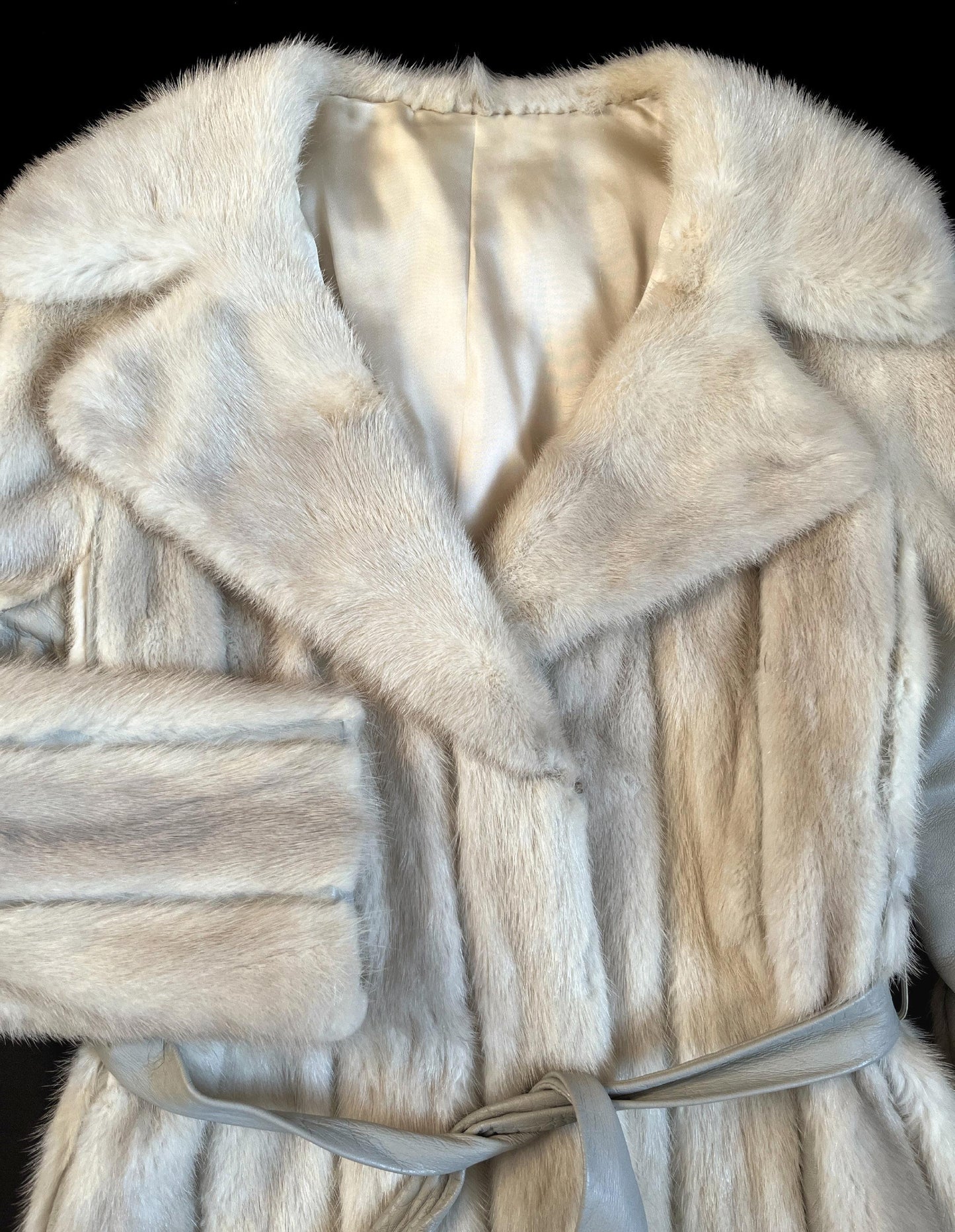 Beige MINK Fur Coat, Leather Belt Retro Ivory Jacket, 2 Lengths, 1970s Almost Famous, Blonde Rustic Wedding Bridal Stroller Gift, Small