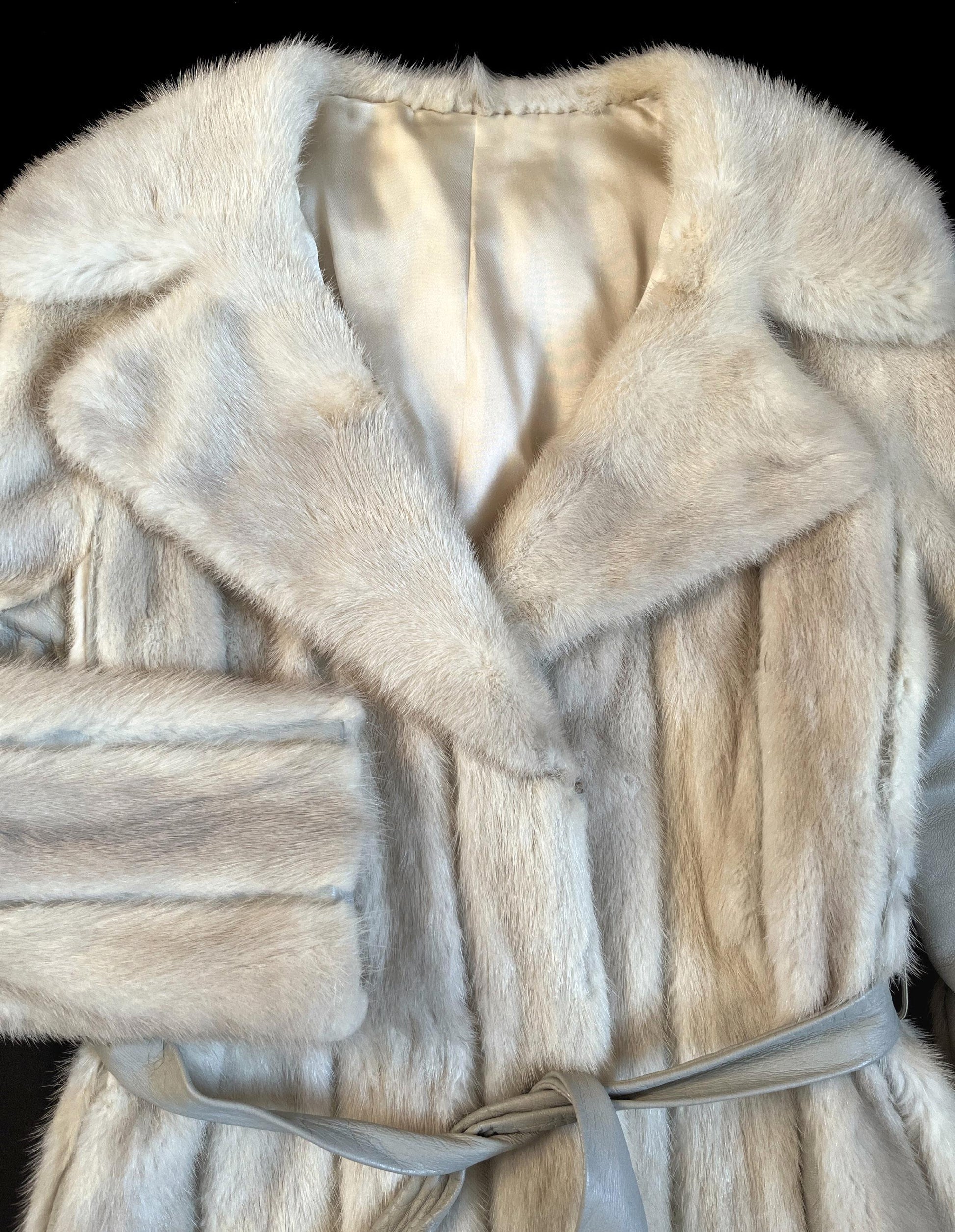 Beige MINK Fur Coat, Leather Belt Retro Ivory Jacket, 2 Lengths, 1970s Almost Famous, Blonde Rustic Wedding Bridal Stroller Gift, Small