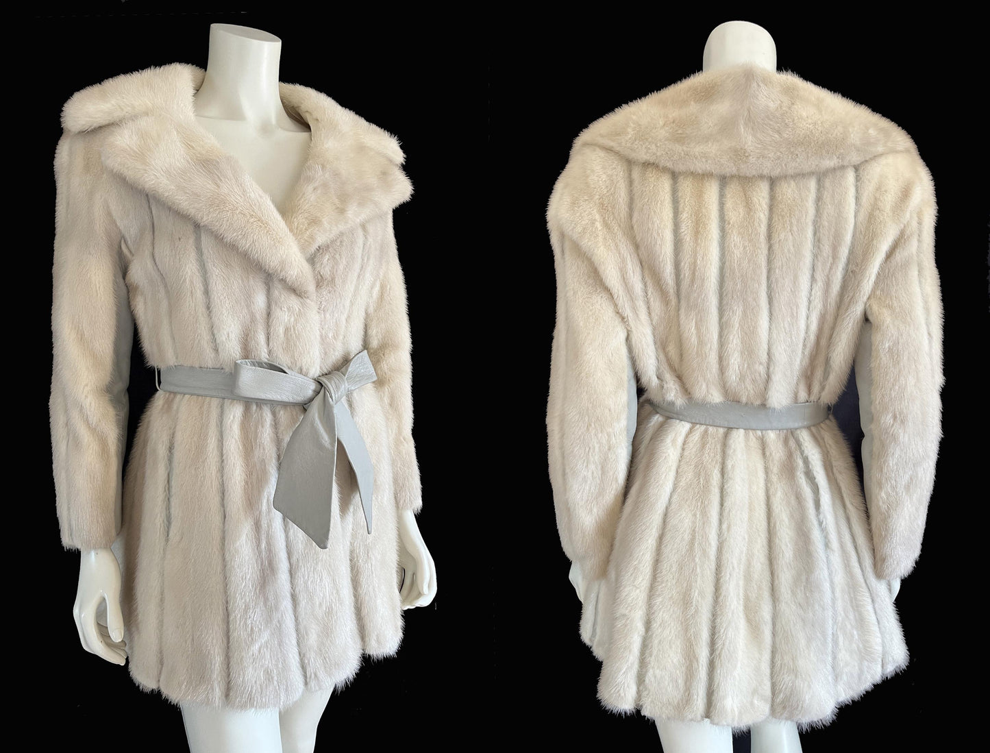Beige MINK Fur Coat, Leather Belt Retro Ivory Jacket, 2 Lengths, 1970s Almost Famous, Blonde Rustic Wedding Bridal Stroller Gift, Small