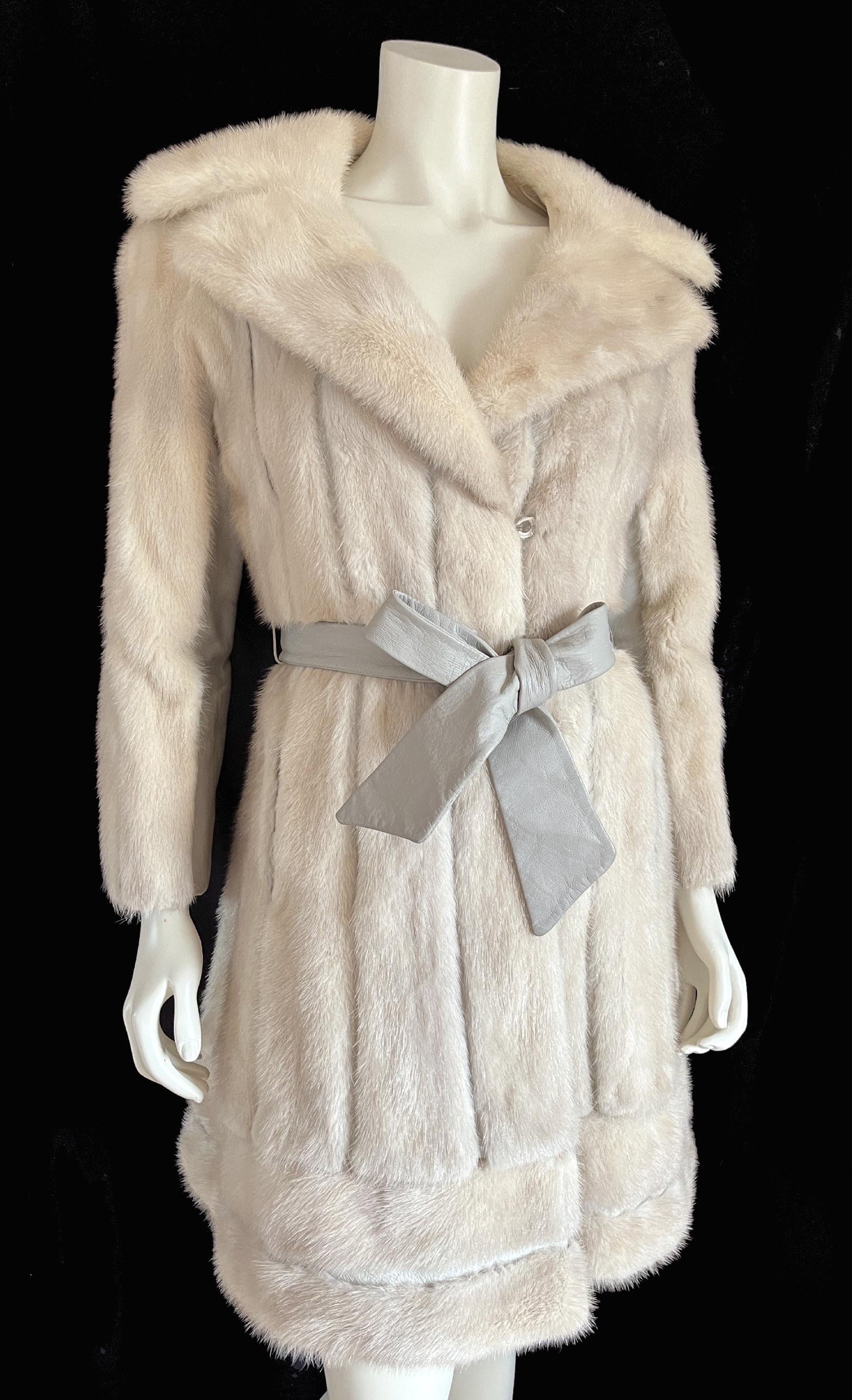 Beige MINK Fur Coat, Leather Belt Retro Ivory Jacket, 2 Lengths, 1970s Almost Famous, Blonde Rustic Wedding Bridal Stroller Gift, Small