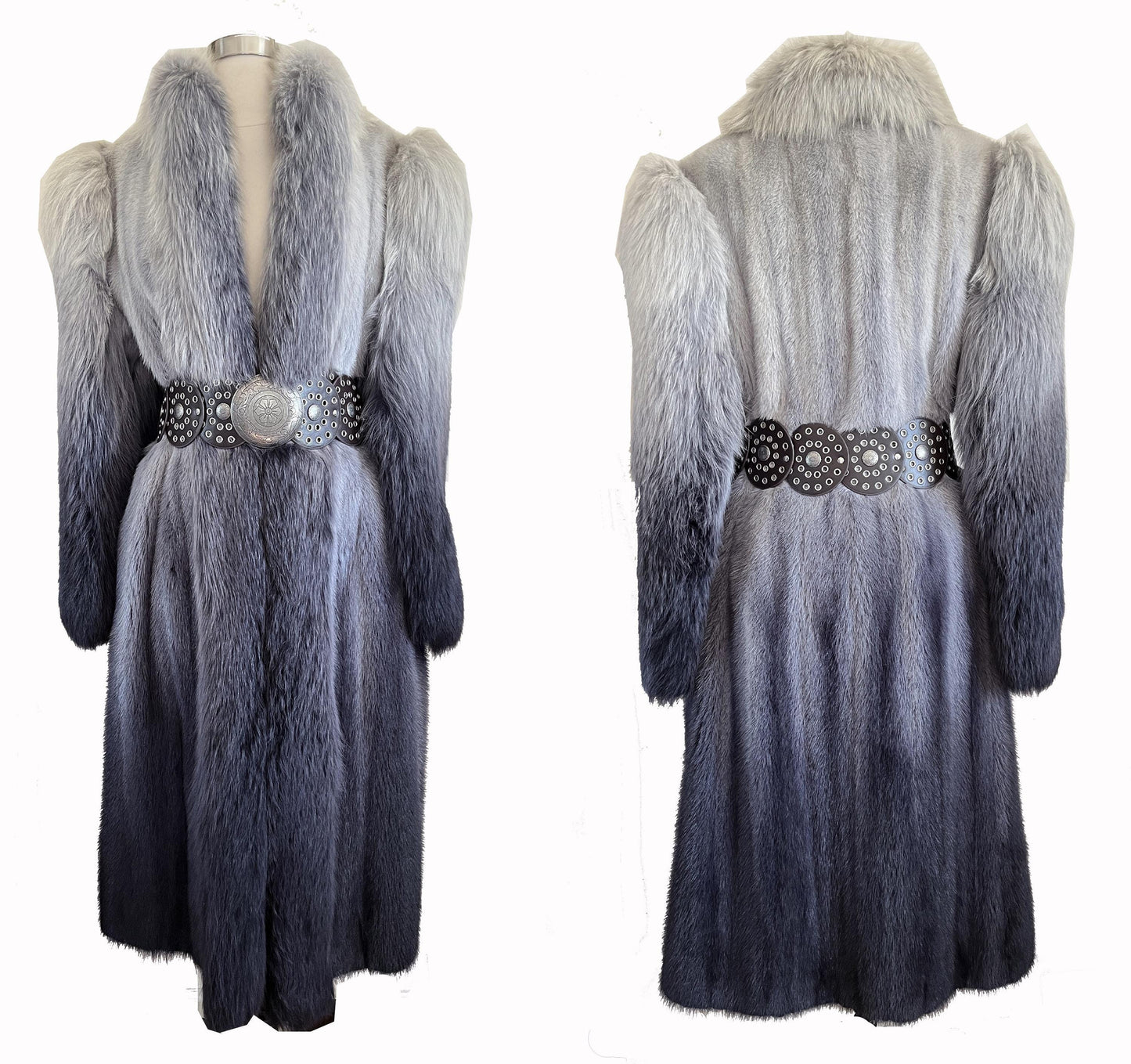 Ombre MINK & FOX Fur Coat, Luxury Vintage Blue Full Length Mob Wife Jacket, Mother of the Bride Gift, Tuxedo Apres Ski Coat