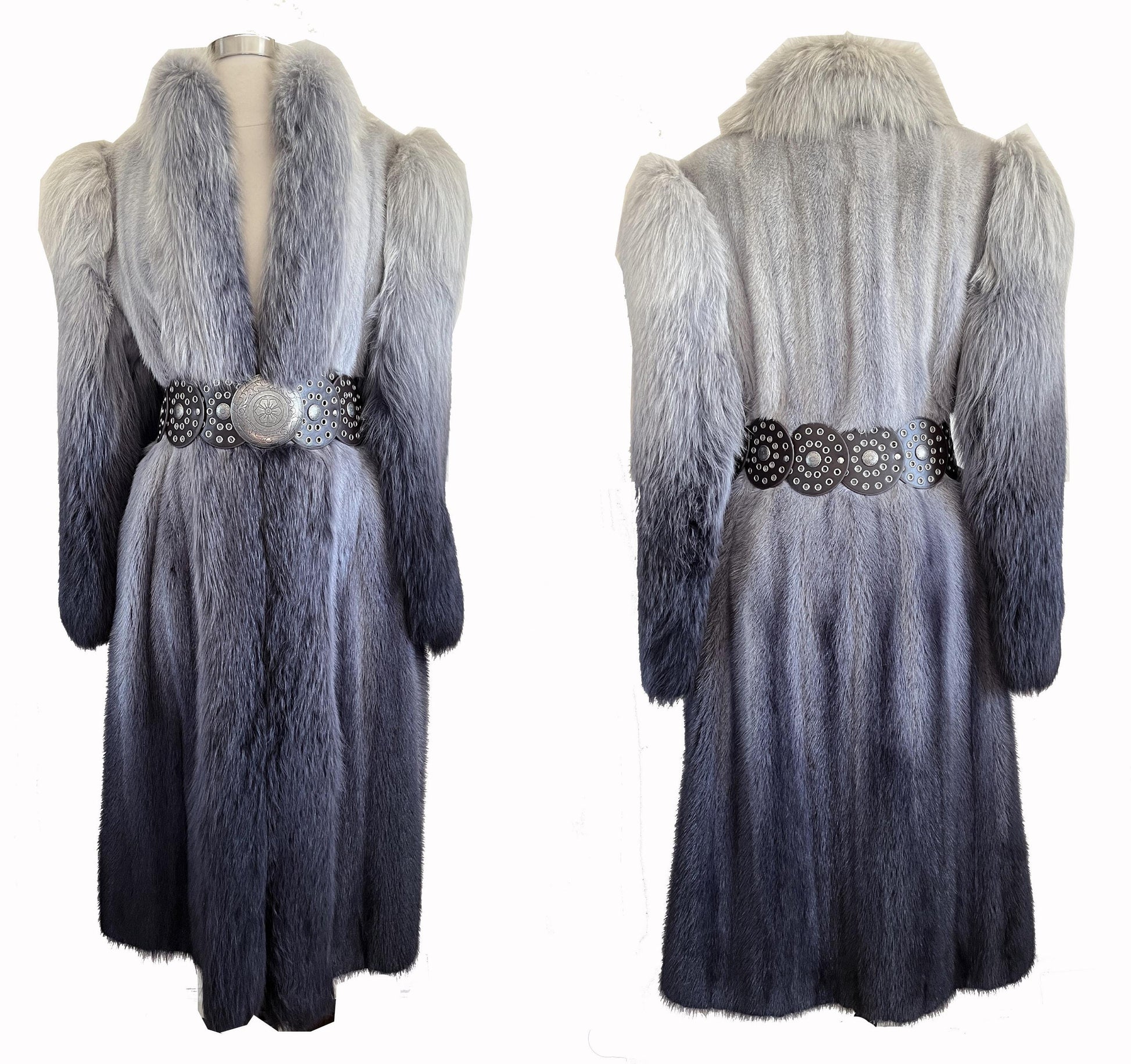 Ombre MINK & FOX Fur Coat, Luxury Vintage Blue Full Length Mob Wife Jacket, Mother of the Bride Gift, Tuxedo Apres Ski Coat