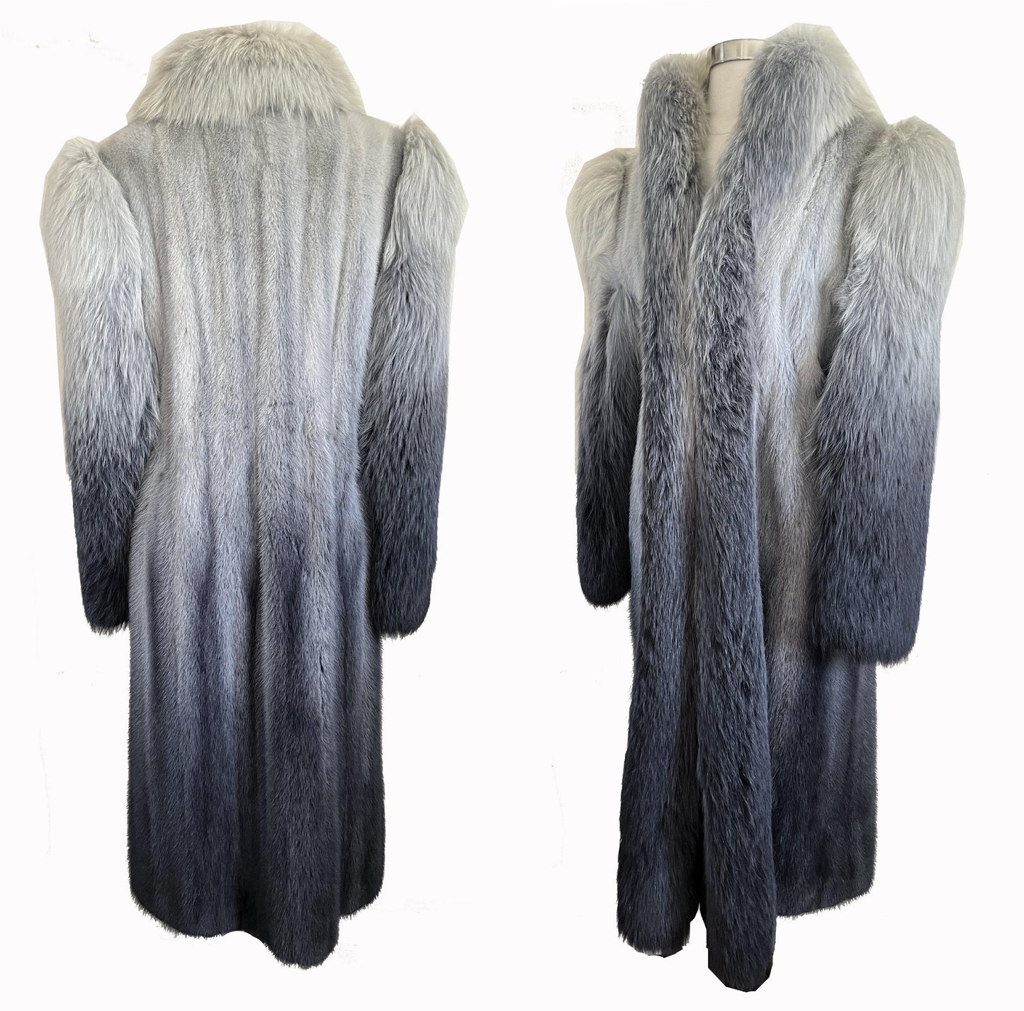 Ombre MINK & FOX Fur Coat, Luxury Vintage Blue Full Length Mob Wife Jacket, Mother of the Bride Gift, Tuxedo Apres Ski Coat