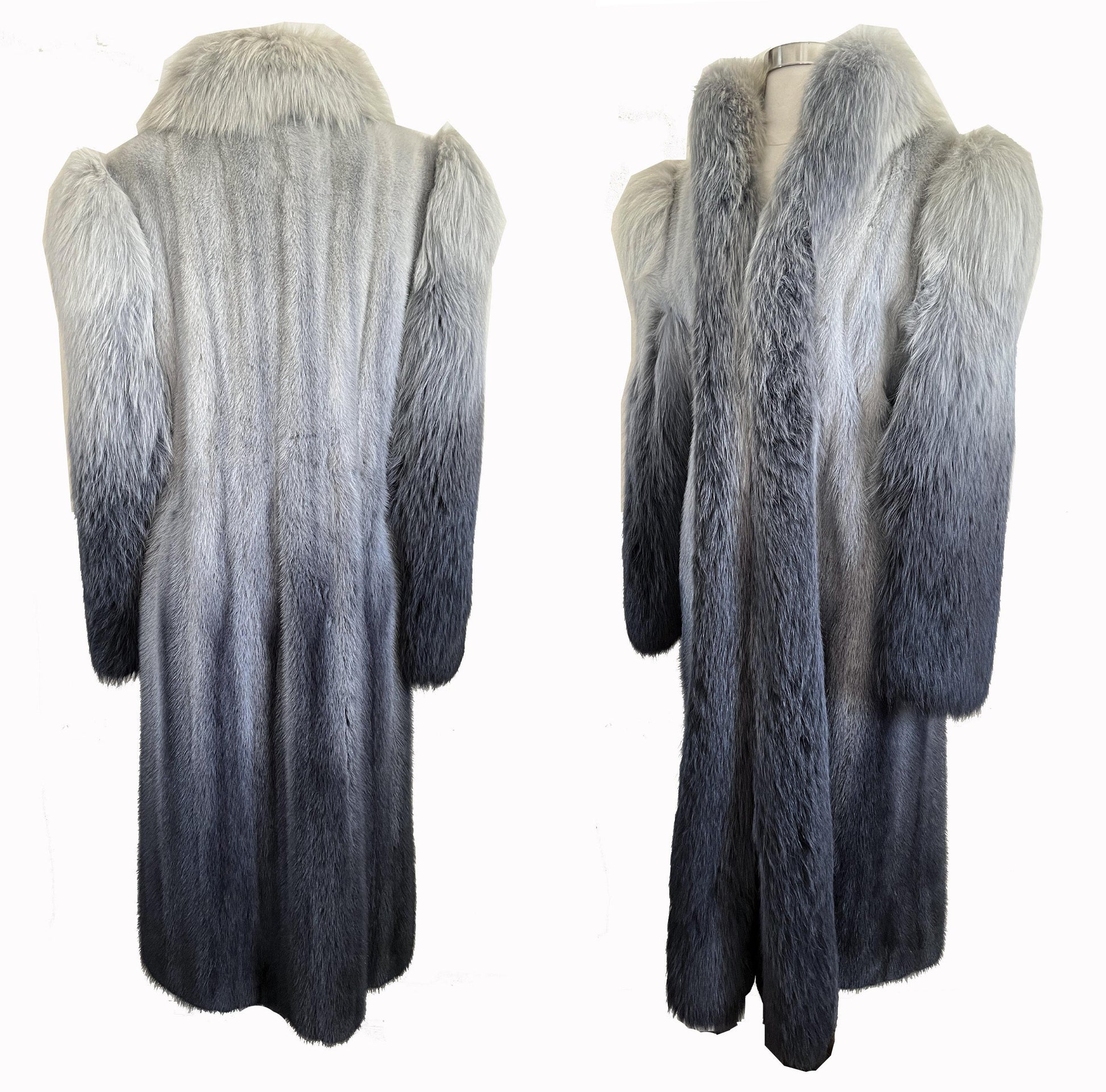 Ombre MINK & FOX Fur Coat, Luxury Vintage Blue Full Length Mob Wife Jacket, Mother of the Bride Gift, Tuxedo Apres Ski Coat