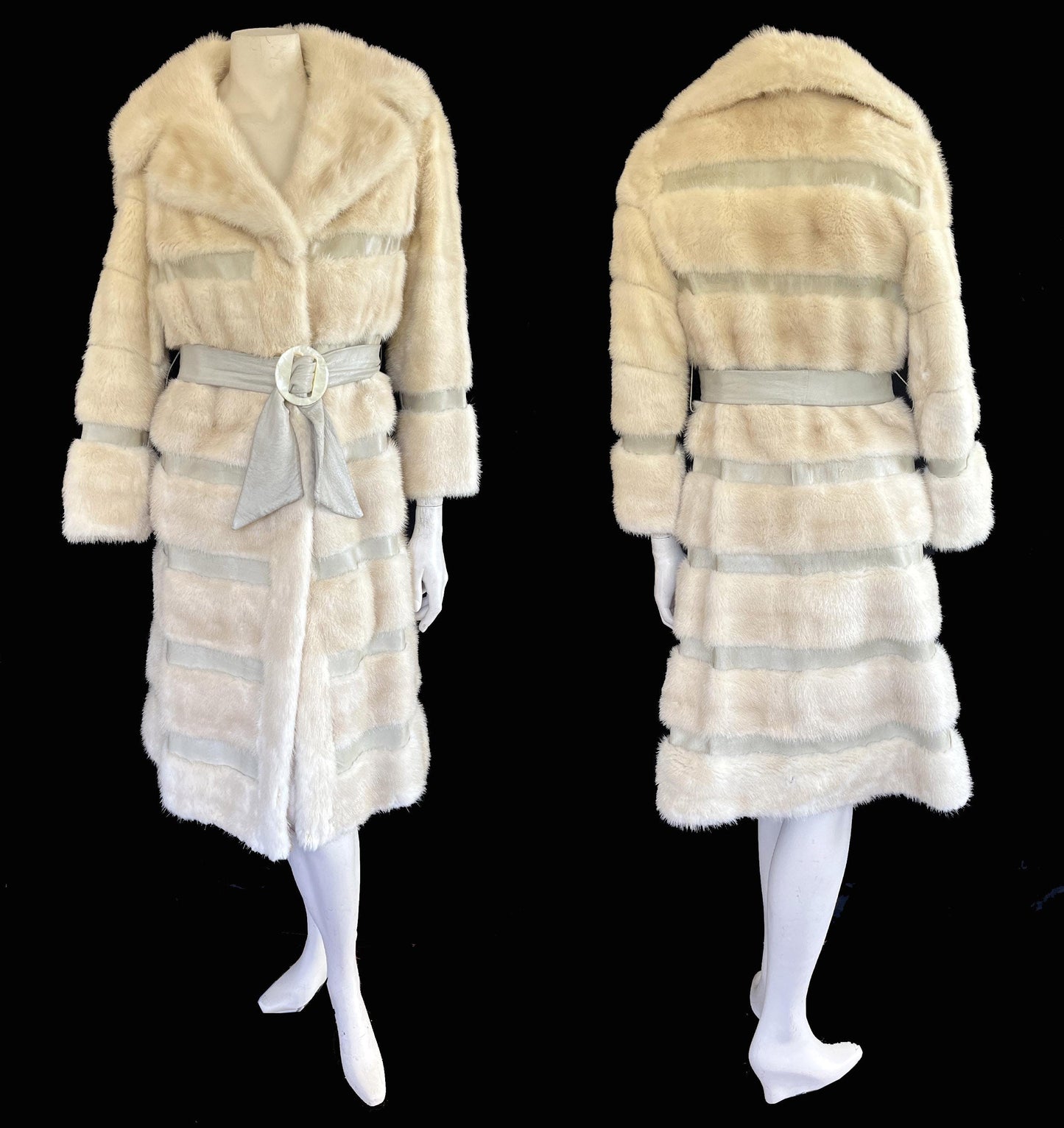 Beige MINK Fur Long Coat, Leather Belt Retro Ivory Jacket, 1970s Almost Famous, Full Length Blonde Wedding Bridal Stroller, Small XS