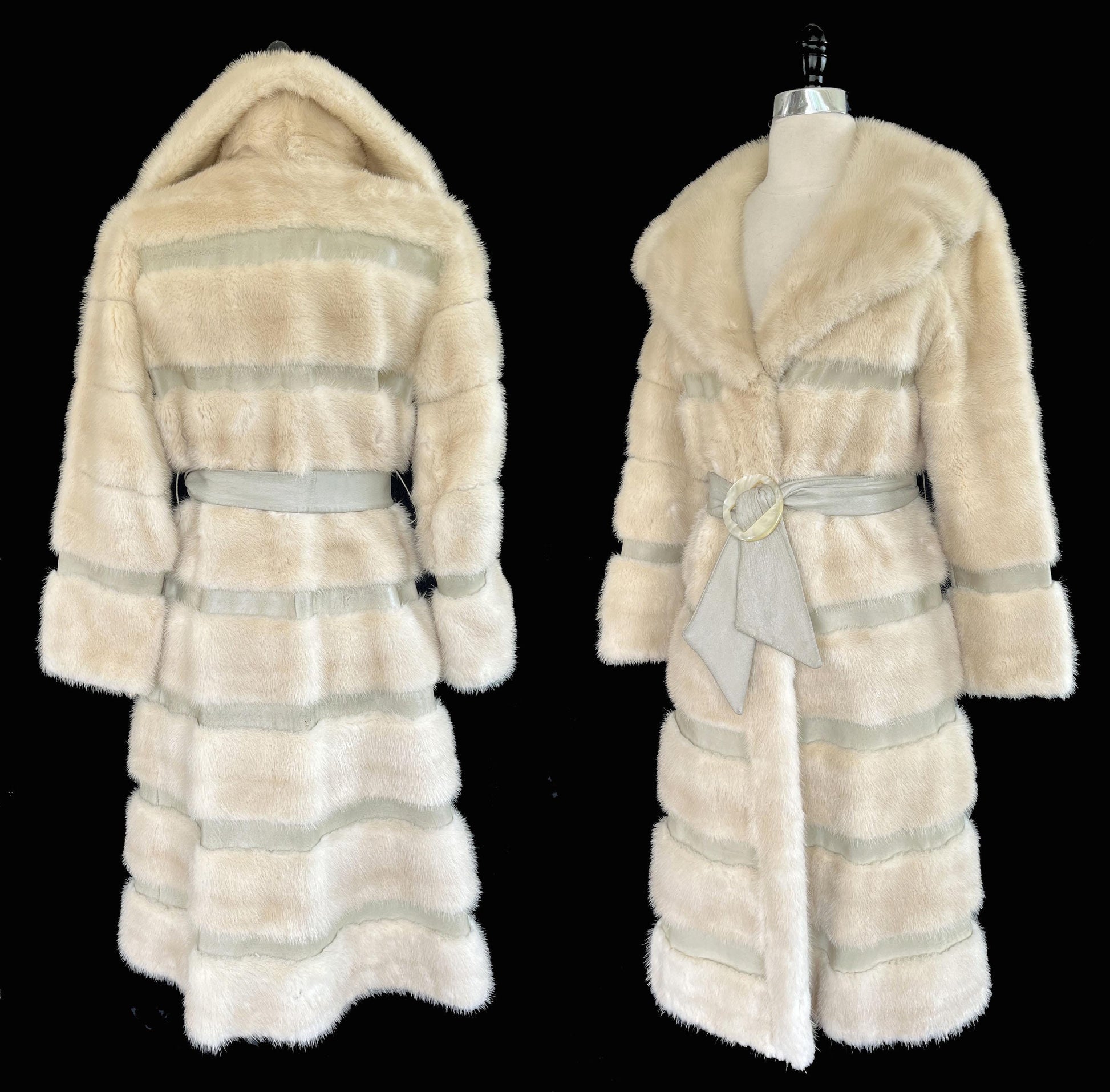 Beige MINK Fur Long Coat, Leather Belt Retro Ivory Jacket, 1970s Almost Famous, Full Length Blonde Wedding Bridal Stroller, Small XS