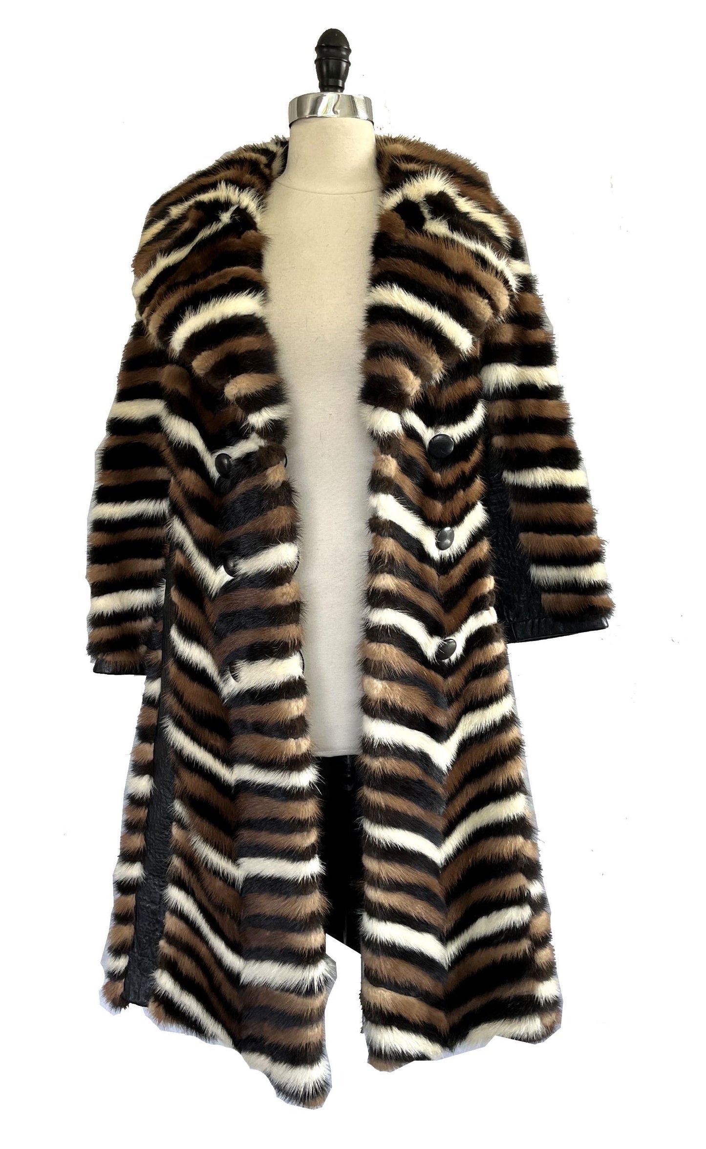 Chevron Striped MINK Fur Coat, Retro Brown Ivory Jacket, 1970s Almost Famous, Full Length Wedding Bridal Stroller Gift, XS Small Petite