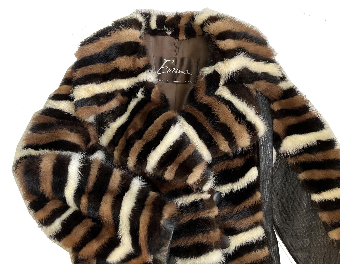 Chevron Striped MINK Fur Coat, Retro Brown Ivory Jacket, 1970s Almost Famous, Full Length Wedding Bridal Stroller Gift, XS Small Petite