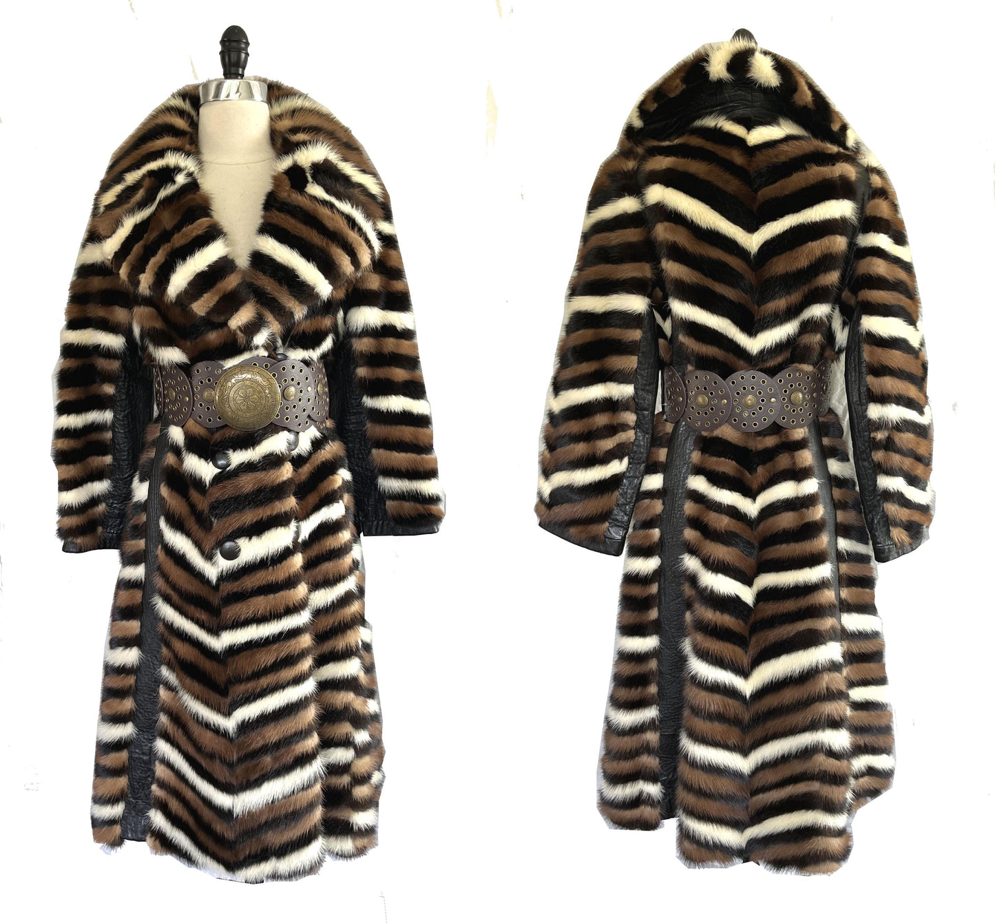 Chevron Striped MINK Fur Coat, Retro Brown Ivory Jacket, 1970s Almost Famous, Full Length Wedding Bridal Stroller Gift, XS Small Petite