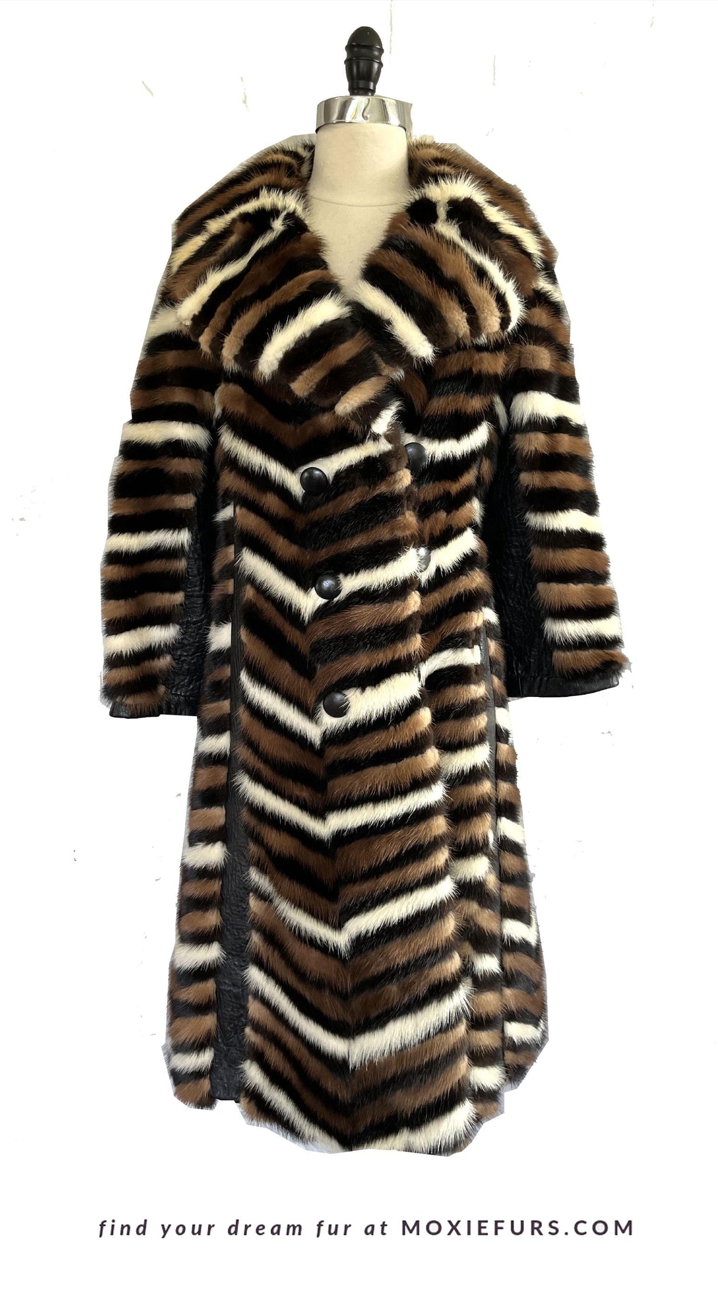 Chevron Striped MINK Fur Coat, Retro Brown Ivory Jacket, 1970s Almost Famous, Full Length Wedding Bridal Stroller Gift, XS Small Petite