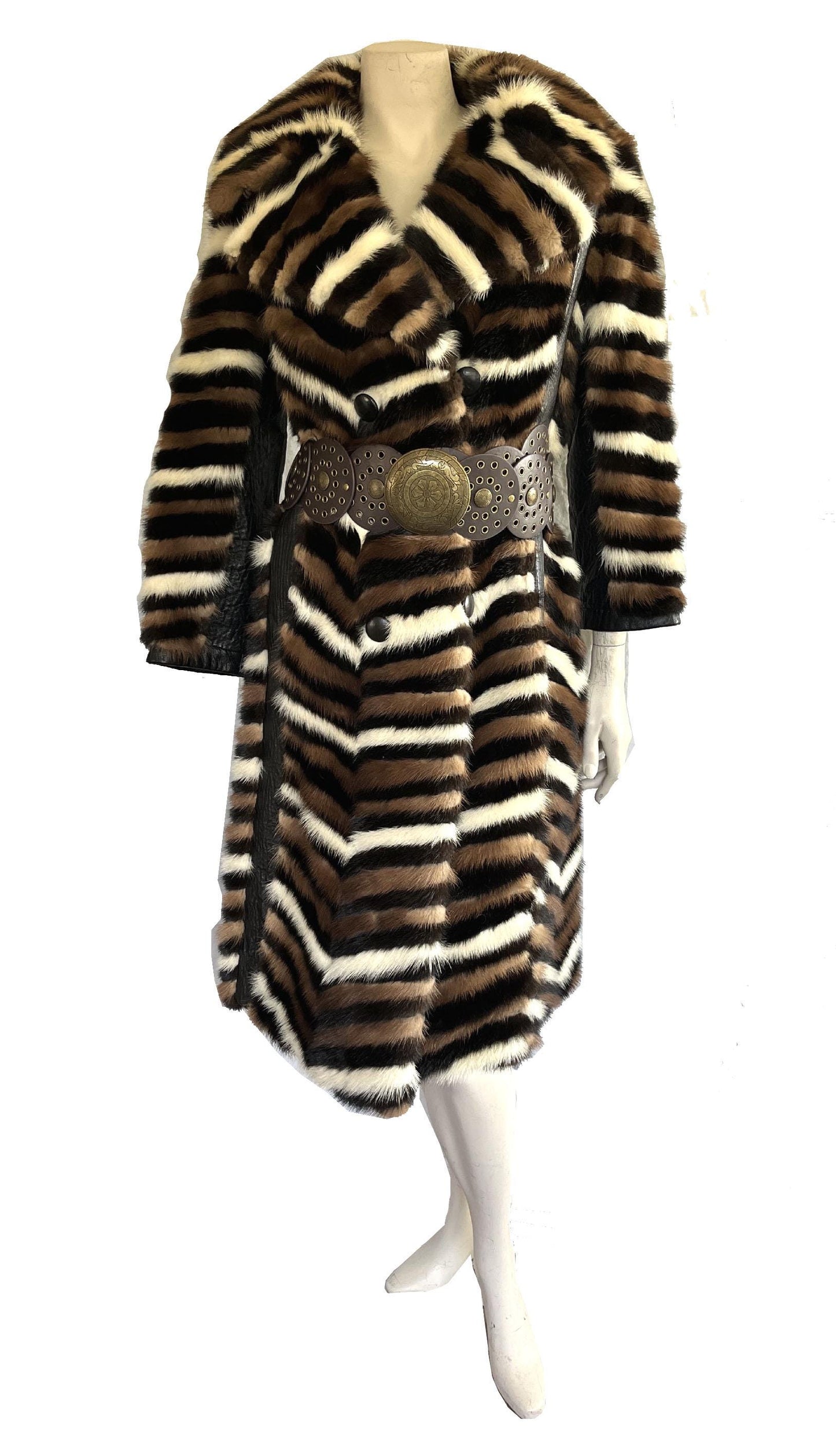 Chevron Striped MINK Fur Coat, Retro Brown Ivory Jacket, 1970s Almost Famous, Full Length Wedding Bridal Stroller Gift, XS Small Petite