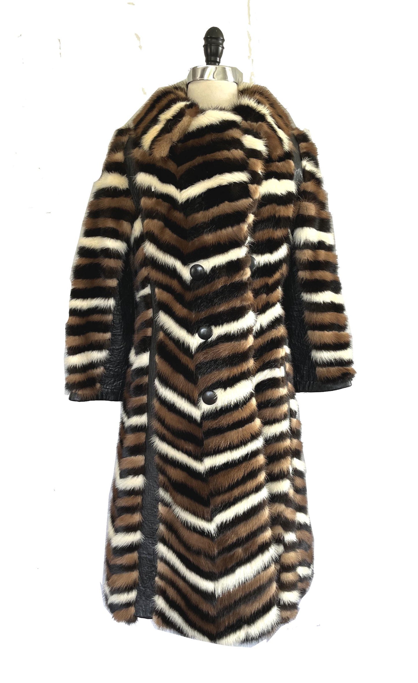 Chevron Striped MINK Fur Coat, Retro Brown Ivory Jacket, 1970s Almost Famous, Full Length Wedding Bridal Stroller Gift, XS Small Petite