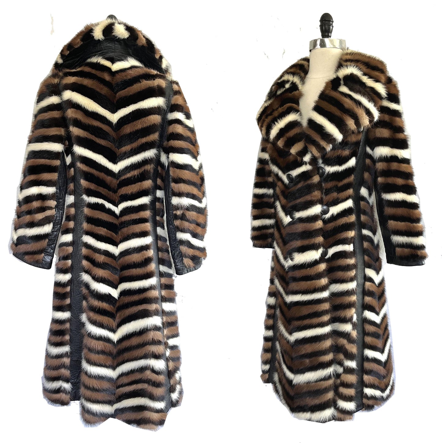 Chevron Striped MINK Fur Coat, Retro Brown Ivory Jacket, 1970s Almost Famous, Full Length Wedding Bridal Stroller Gift, XS Small Petite