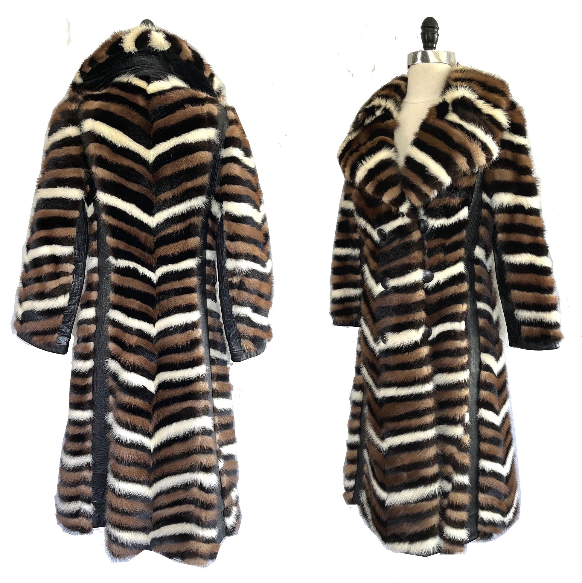 Chevron Striped MINK Fur Coat, Retro Brown Ivory Jacket, 1970s Almost Famous, Full Length Wedding Bridal Stroller Gift, XS Small Petite