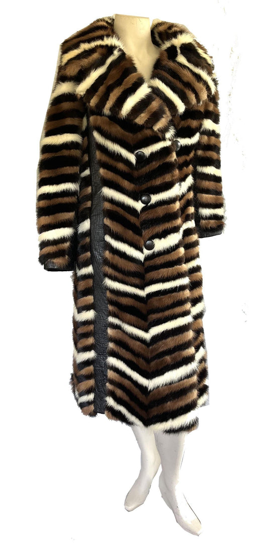 Chevron Striped MINK Fur Coat, Retro Brown Ivory Jacket, 1970s Almost Famous, Full Length Wedding Bridal Stroller Gift, XS Small Petite