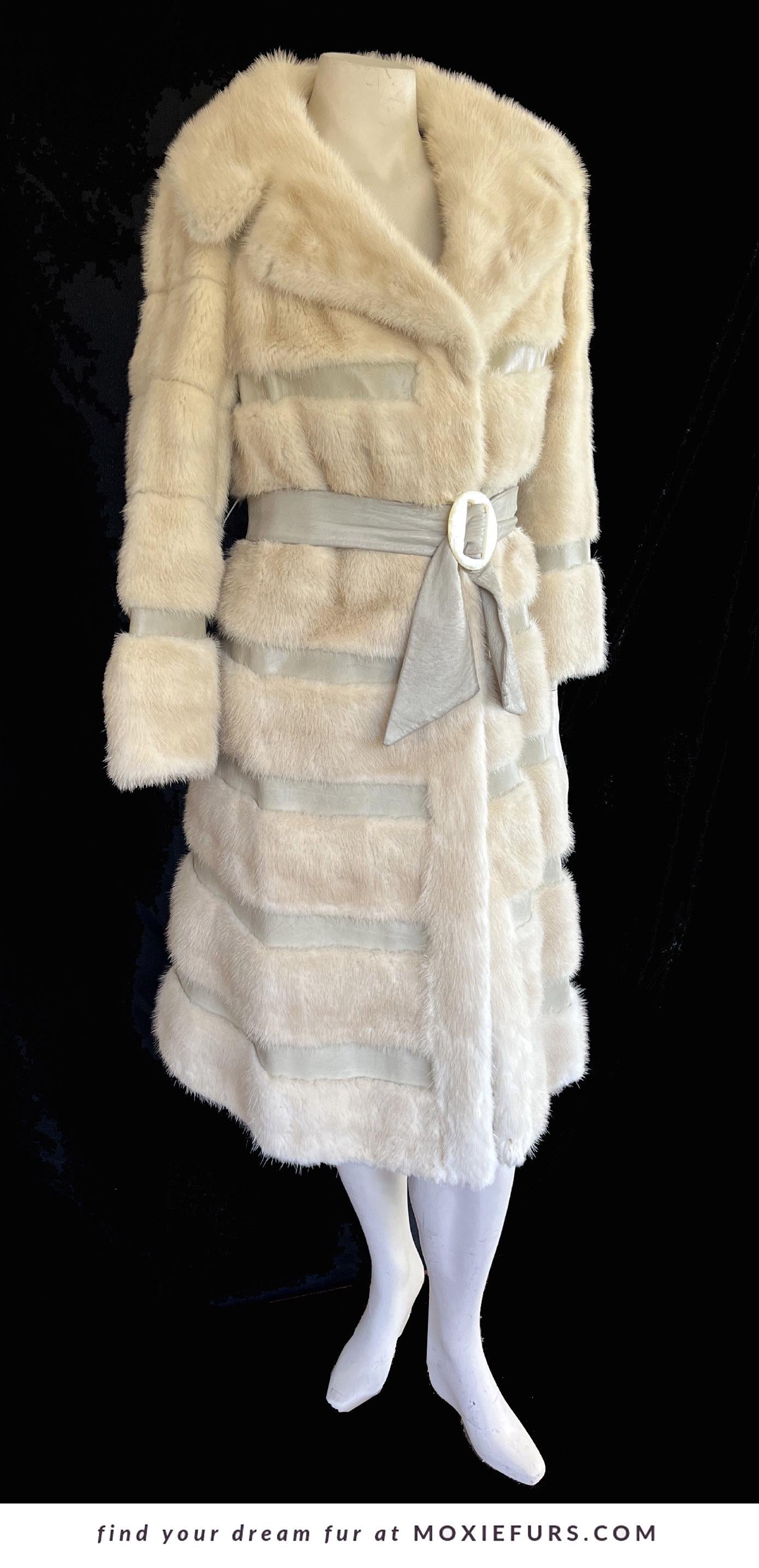 Beige MINK Fur Long Coat, Leather Belt Retro Ivory Jacket, 1970s Almost Famous, Full Length Blonde Wedding Bridal Stroller, Small XS