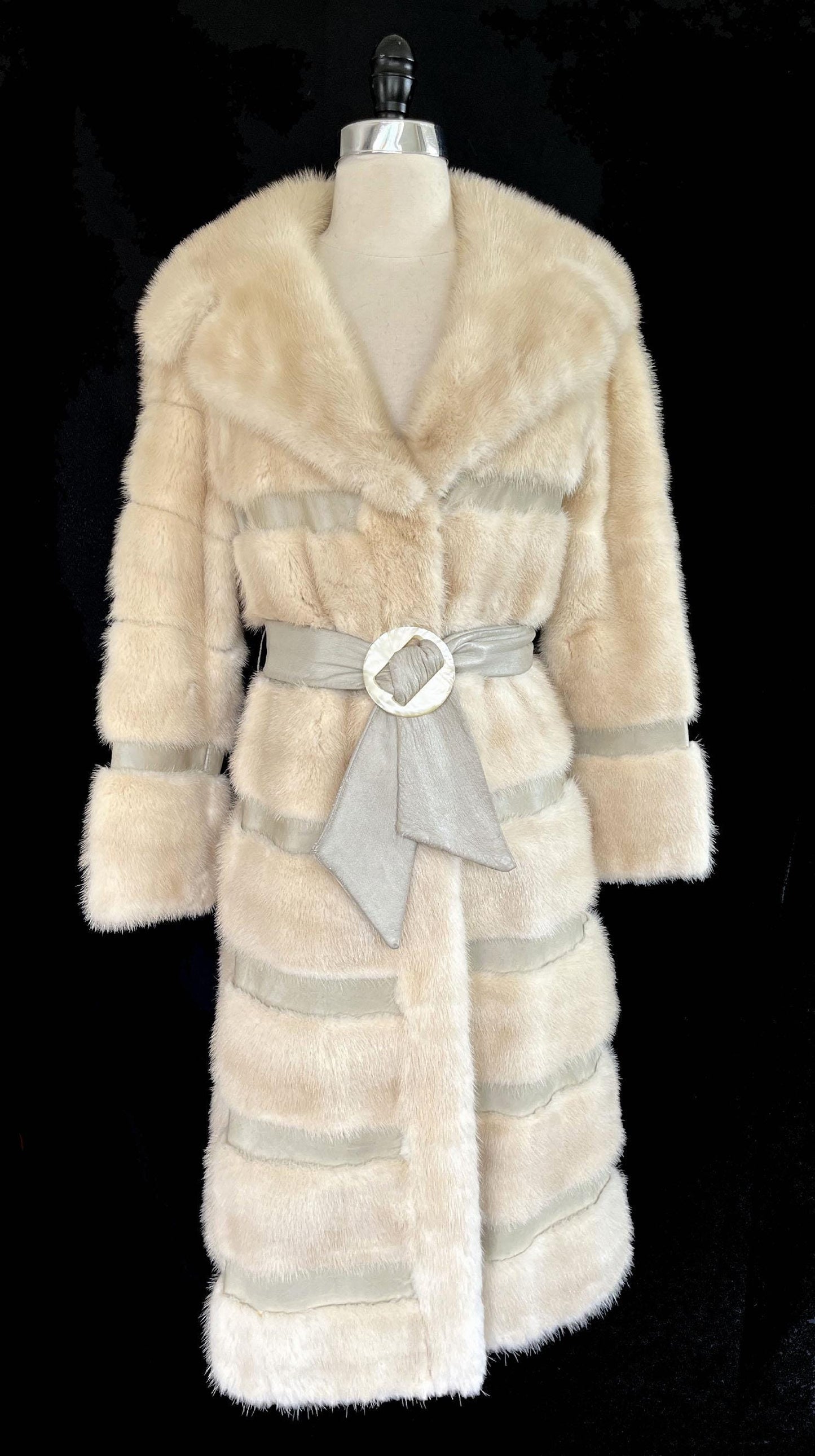 Beige MINK Fur Long Coat, Leather Belt Retro Ivory Jacket, 1970s Almost Famous, Full Length Blonde Wedding Bridal Stroller, Small XS