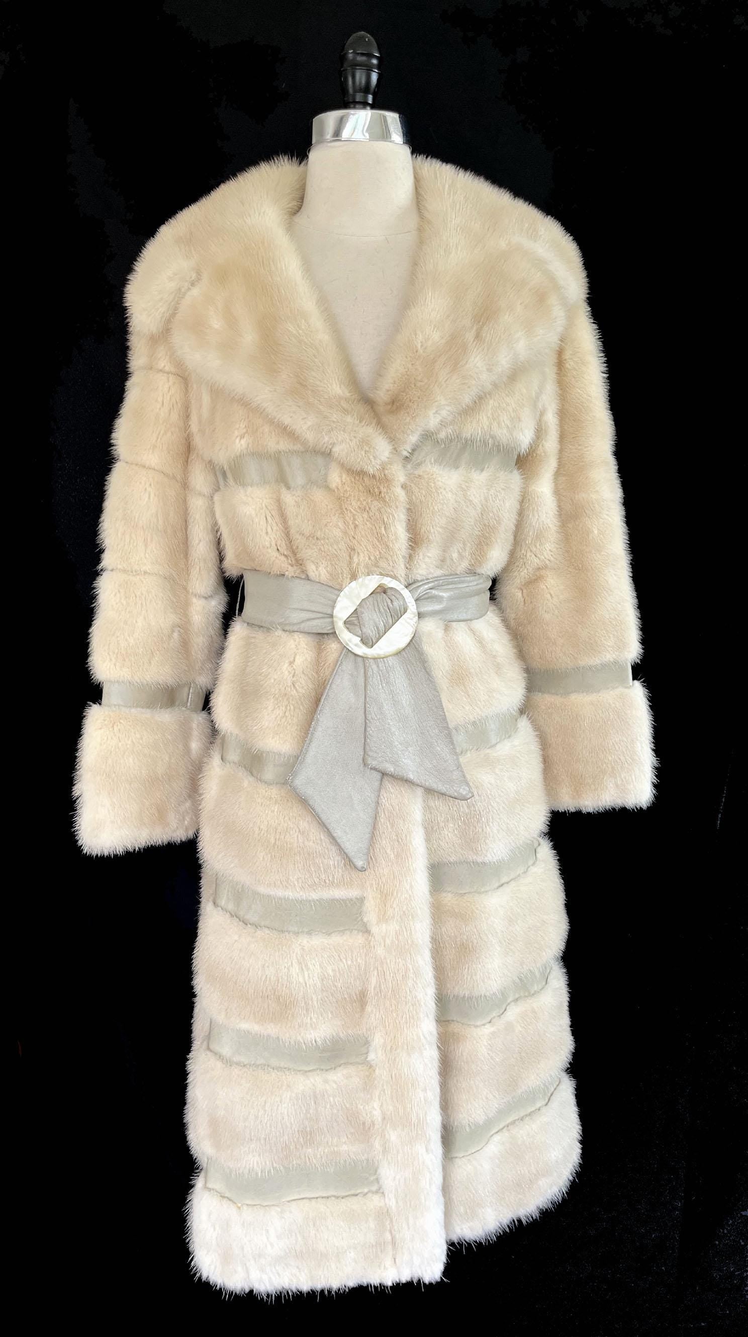 Beige MINK Fur Long Coat, Leather Belt Retro Ivory Jacket, 1970s Almost Famous, Full Length Blonde Wedding Bridal Stroller, Small XS