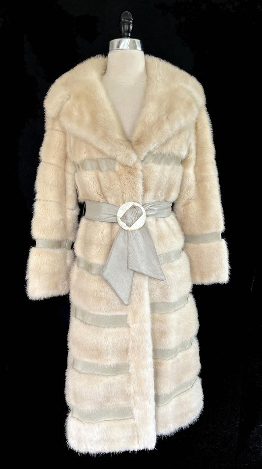 Beige MINK Fur Long Coat, Leather Belt Retro Ivory Jacket, 1970s Almost Famous, Full Length Blonde Wedding Bridal Stroller, Small XS