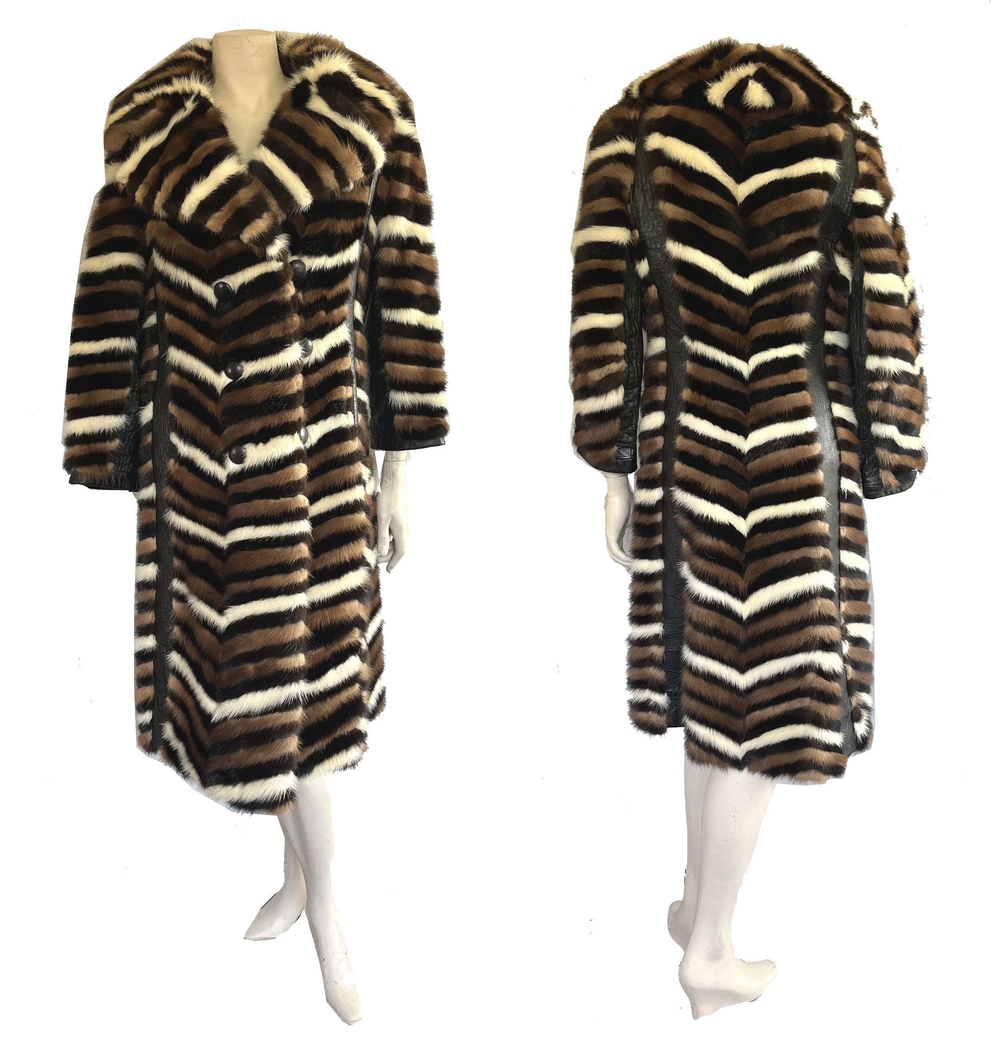 Chevron Striped MINK Fur Coat, Retro Brown Ivory Jacket, 1970s Almost Famous, Full Length Wedding Bridal Stroller Gift, XS Small Petite