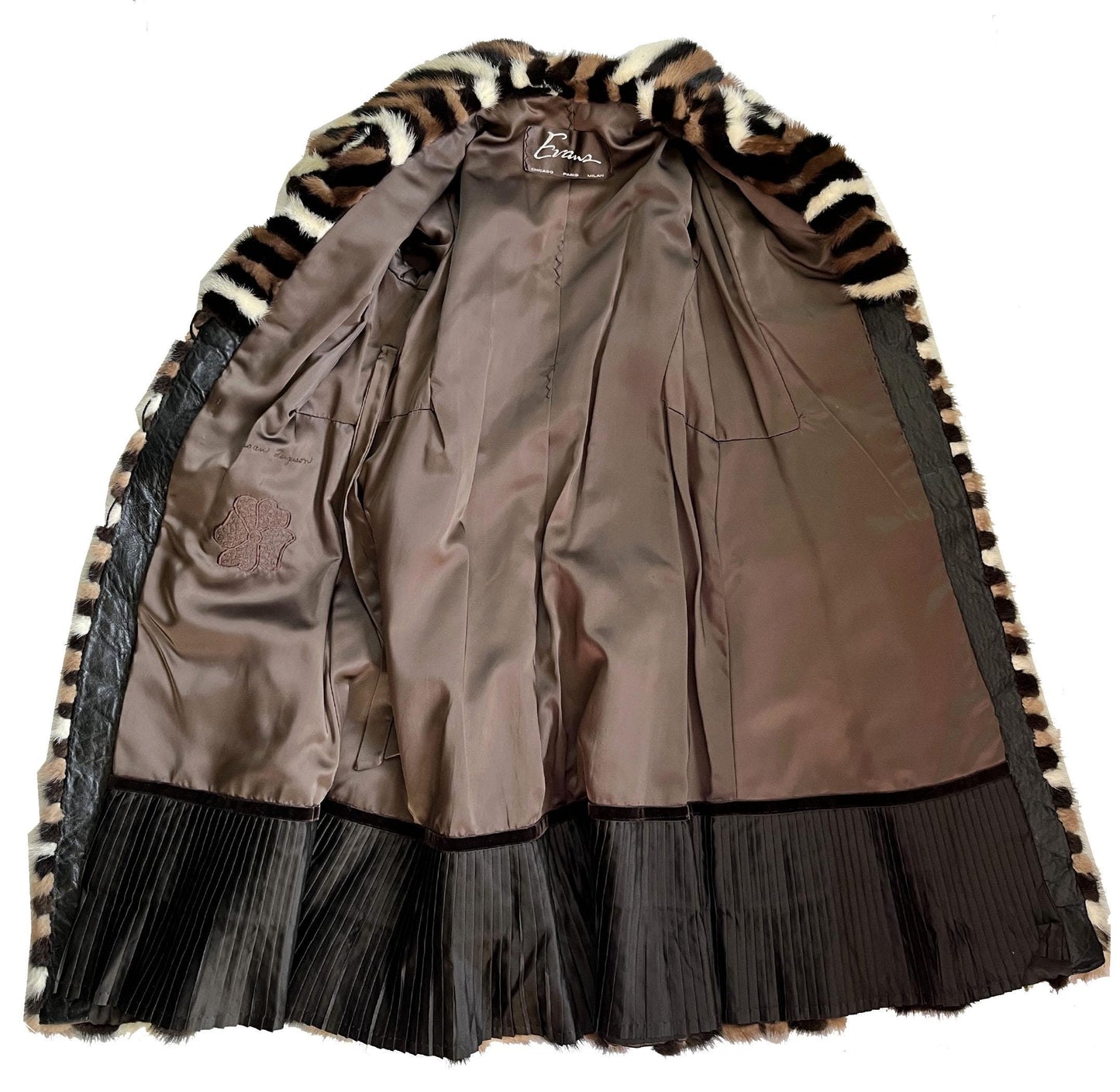 Chevron Striped MINK Fur Coat, Retro Brown Ivory Jacket, 1970s Almost Famous, Full Length Wedding Bridal Stroller Gift, XS Small Petite
