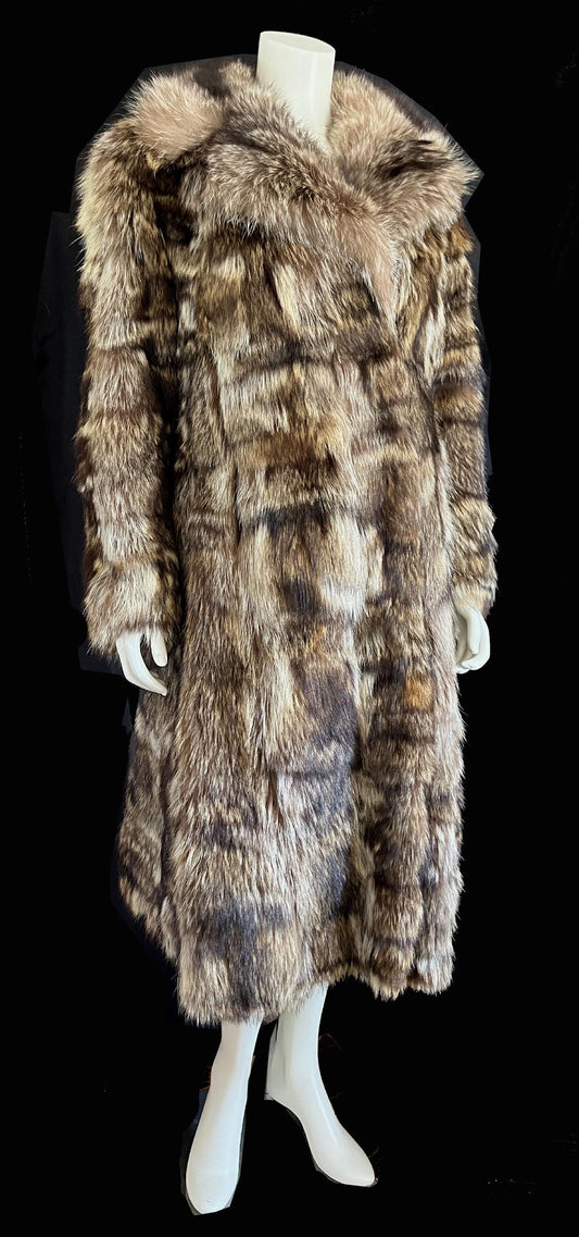 RACCOON Fur Coat, Real Vintage Full Length Jacket, Mob Wife Style Gift, Brown Fluffy Collar