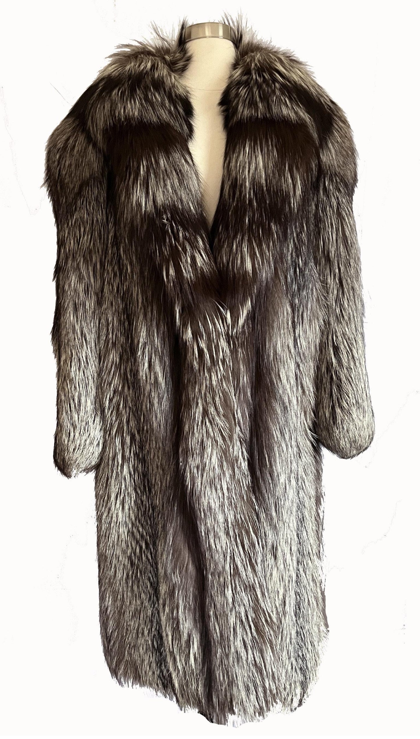 Silver FOX Fur Coat, Brown Vintage Long Jacket, Apres Ski Mob Wife Style, Hollywood Celebrity Party Gift, Full Length, Large XL