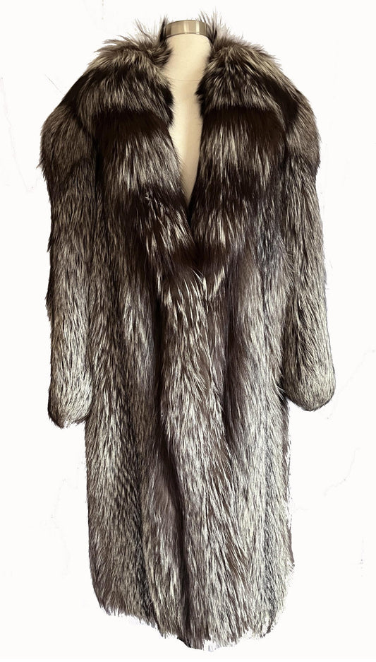 Silver FOX Fur Coat, Brown Vintage Long Jacket, Apres Ski Mob Wife Style, Hollywood Celebrity Party Gift, Full Length, Large XL