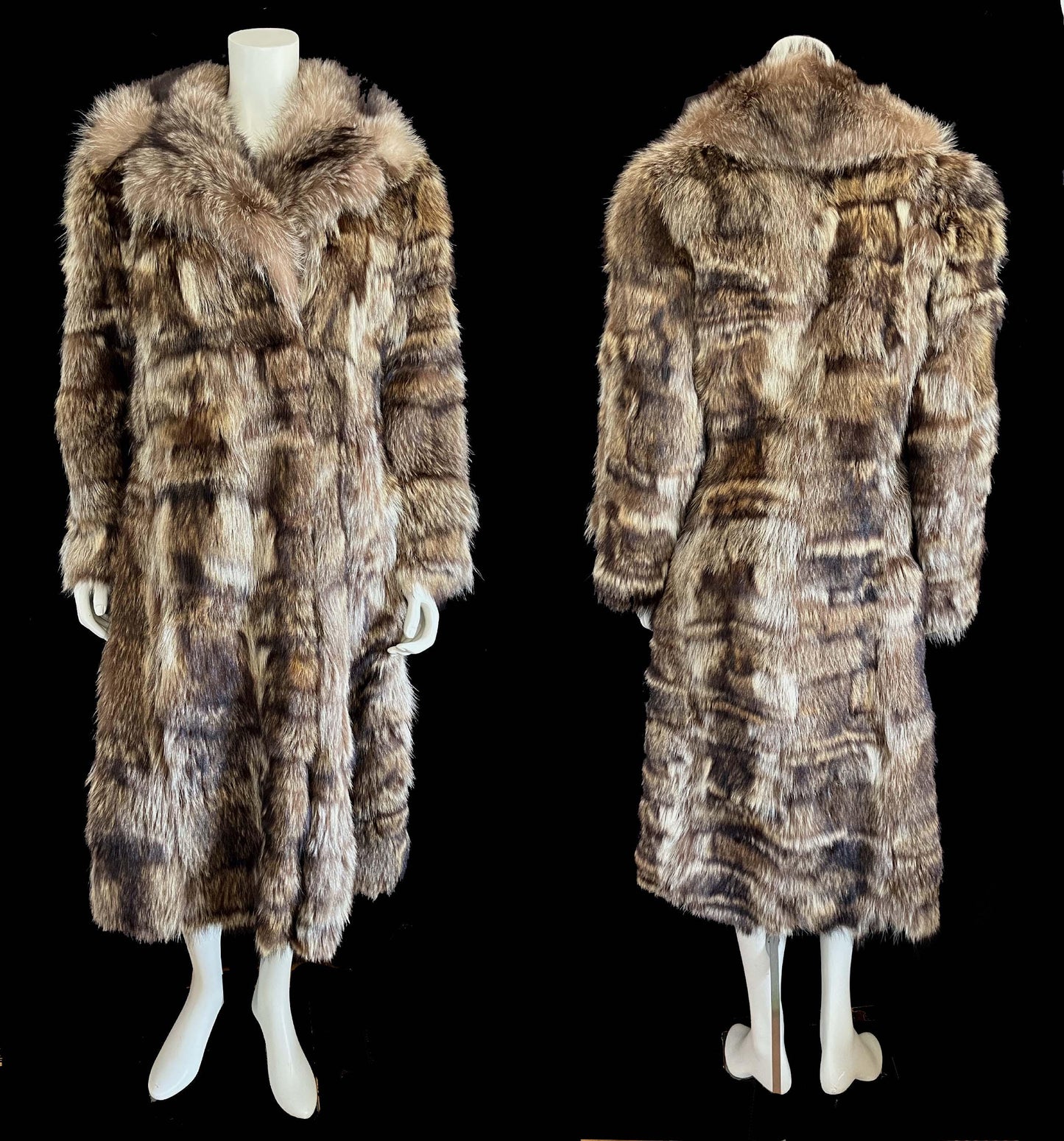 RACCOON Fur Coat, Real Vintage Full Length Jacket, Mob Wife Style Gift, Brown Fluffy Collar