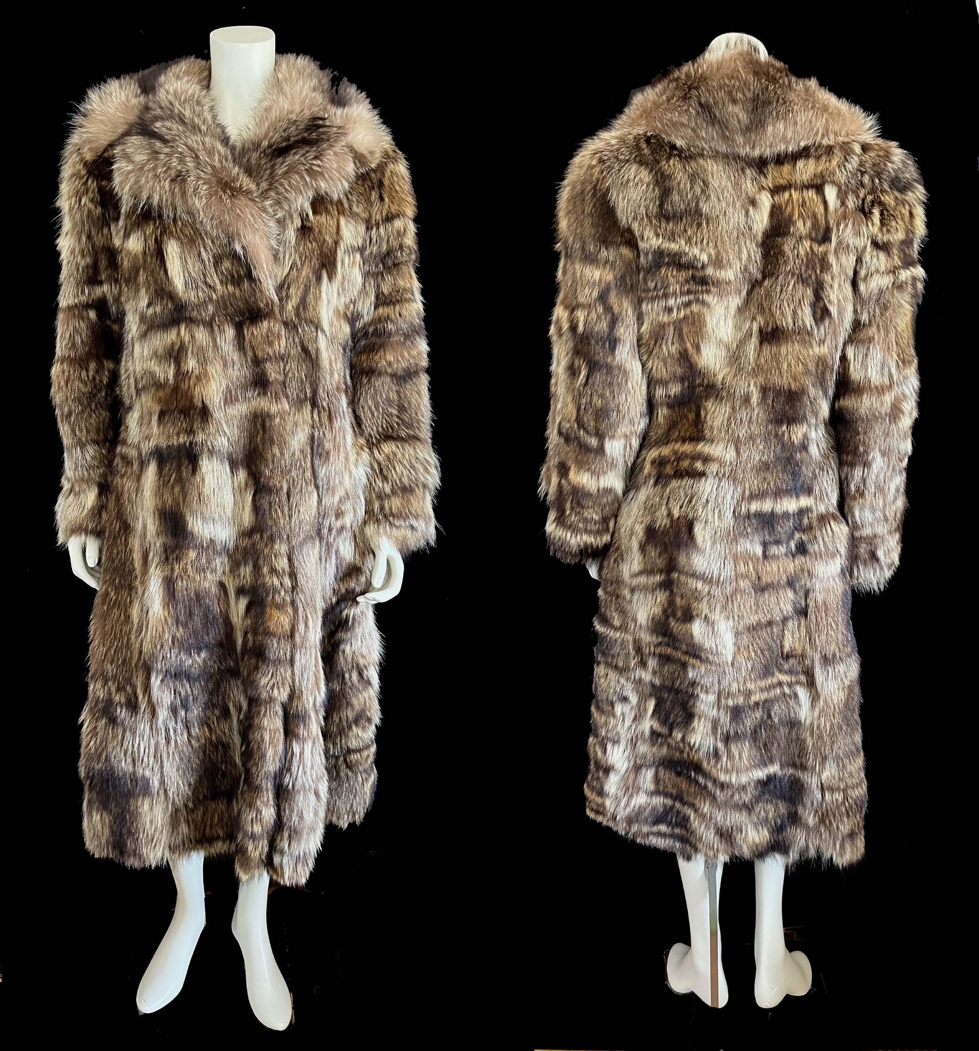 RACCOON Fur Coat, Real Vintage Full Length Jacket, Mob Wife Style Gift, Brown Fluffy Collar