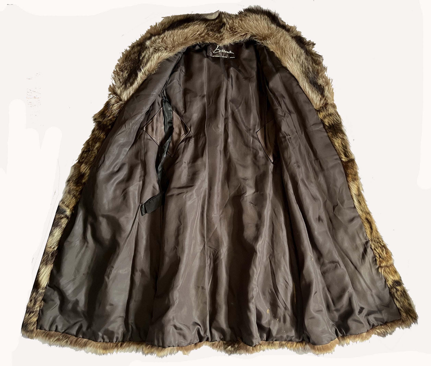 RACCOON Fur Coat, Real Vintage Full Length Jacket, Mob Wife Style Gift, Brown Fluffy Collar