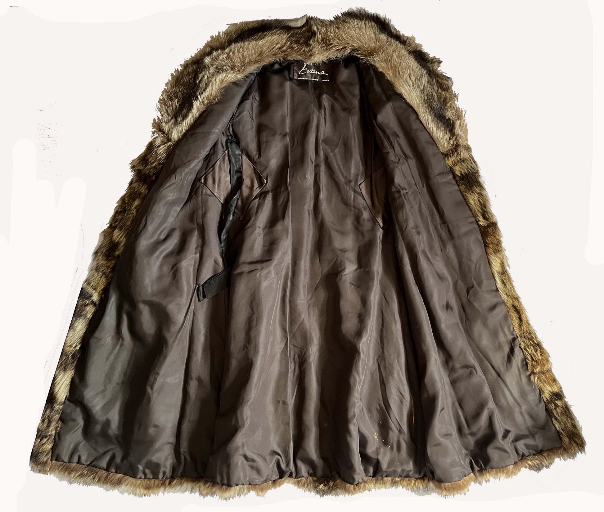 RACCOON Fur Coat, Real Vintage Full Length Jacket, Mob Wife Style Gift, Brown Fluffy Collar