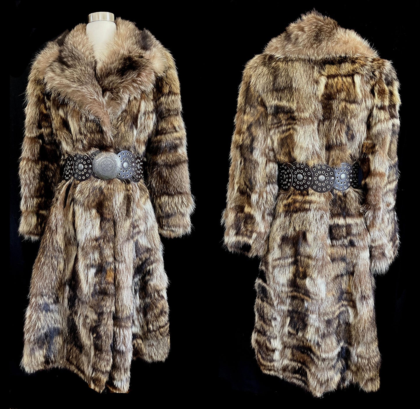 RACCOON Fur Coat, Real Vintage Full Length Jacket, Mob Wife Style Gift, Brown Fluffy Collar