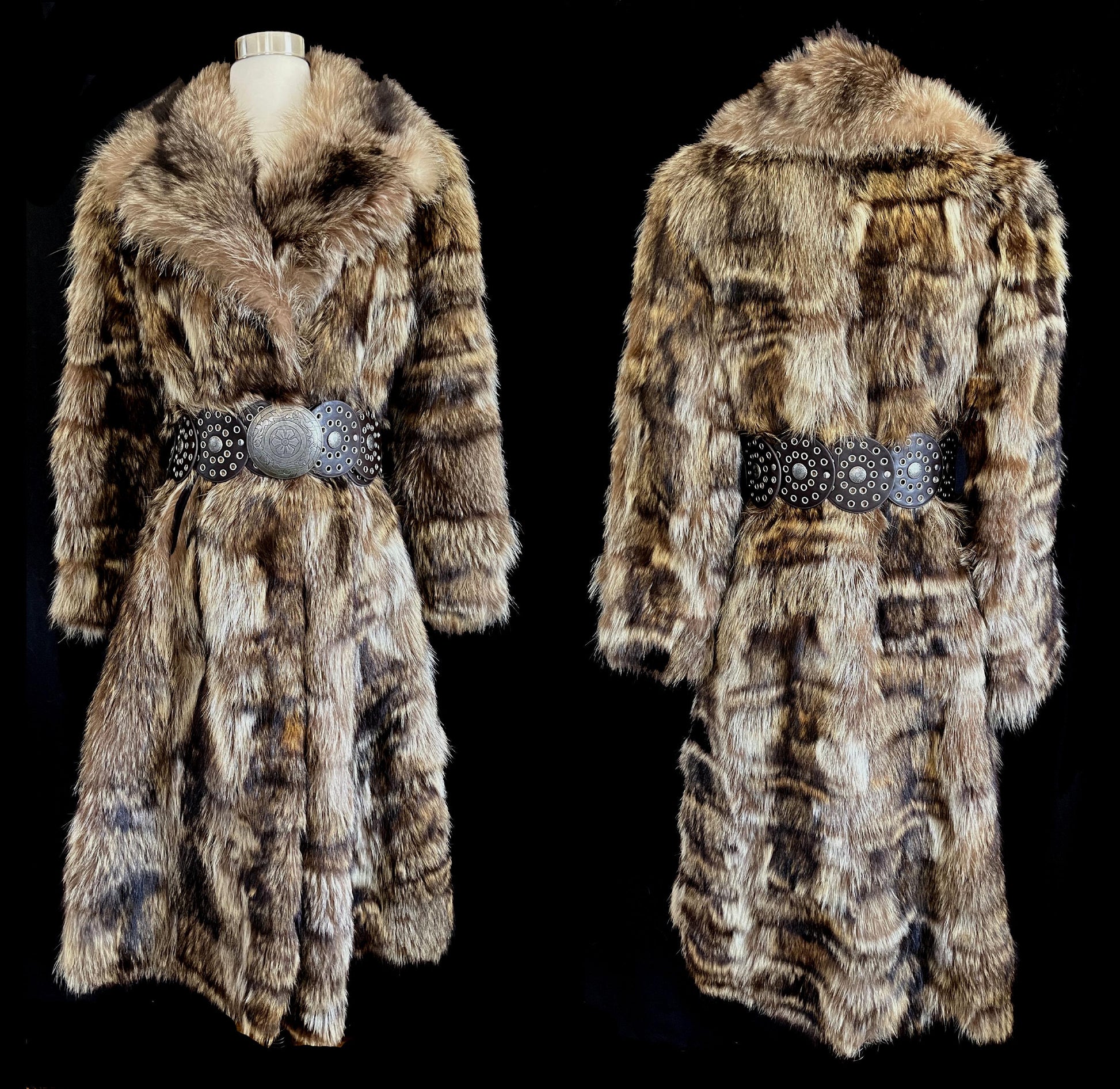 RACCOON Fur Coat, Real Vintage Full Length Jacket, Mob Wife Style Gift, Brown Fluffy Collar