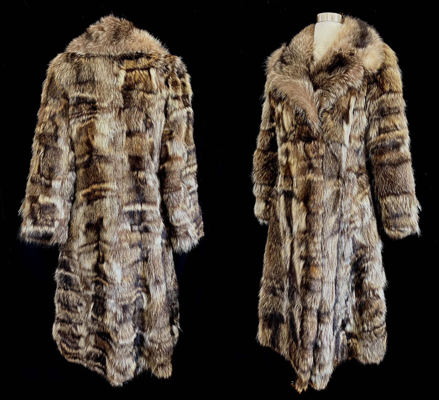 RACCOON Fur Coat, Real Vintage Full Length Jacket, Mob Wife Style Gift, Brown Fluffy Collar