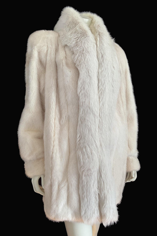 MINK & FOX Fur Coat, Beige Real Vintage Jacket, Winter Wedding Bolero Stole, Ivory Blonde Bridal Gift, Mob WIfe, Large XL Plus
