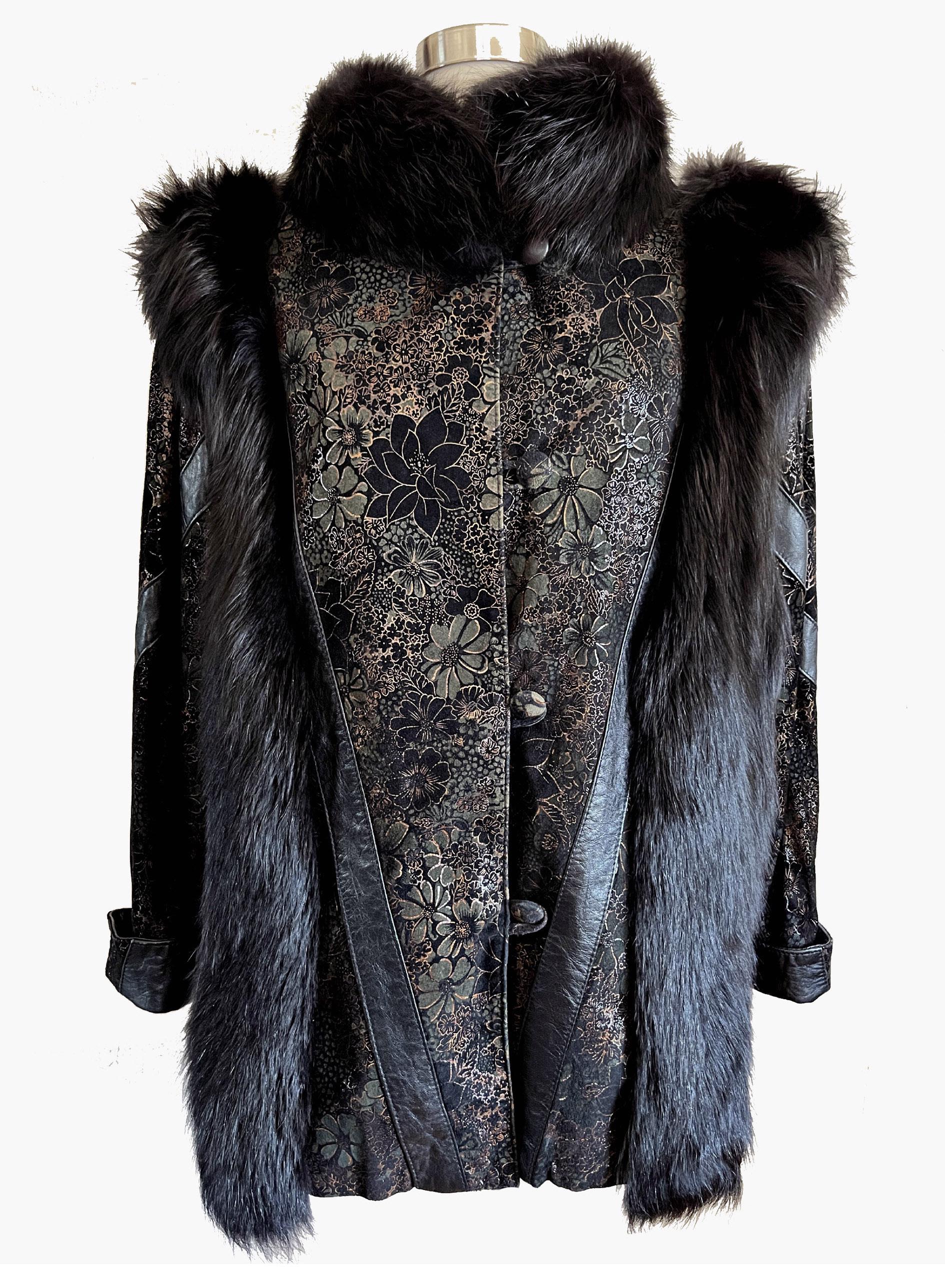 Black FOX Fur & Suede Leather Coat, '80s Diva Real Vintage, White Winter Wedding Stole, Mob Wife Aesthetic Jacket, Large XL
