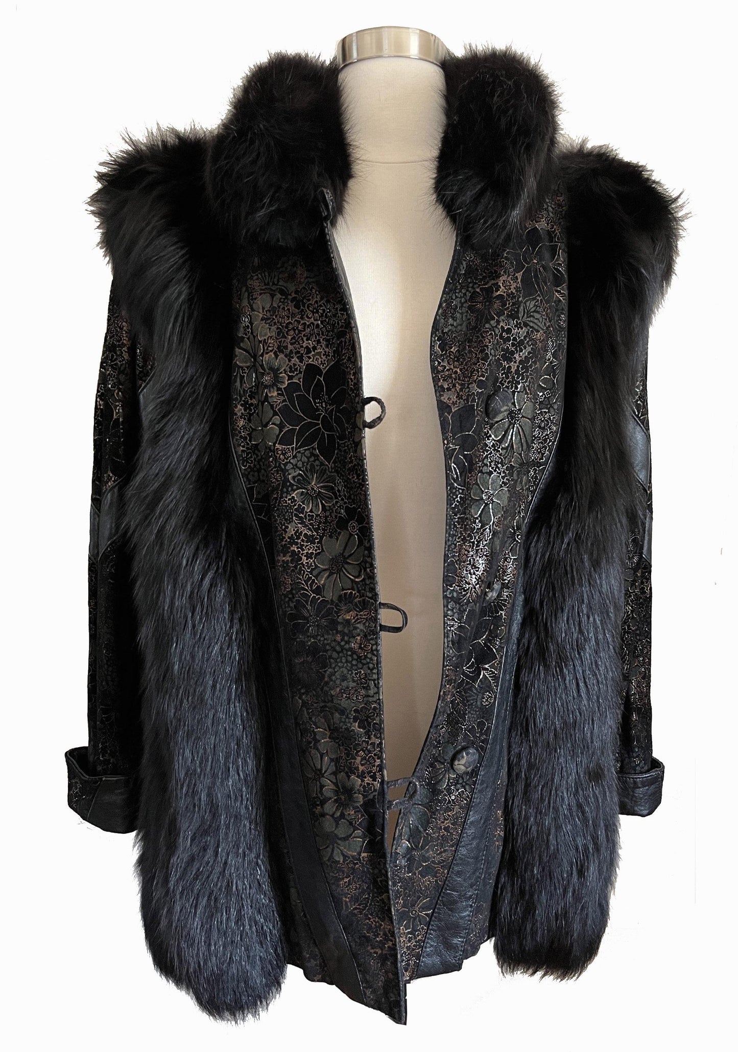 Black FOX Fur & Suede Leather Coat, '80s Diva Real Vintage, White Winter Wedding Stole, Mob Wife Aesthetic Jacket, Large XL