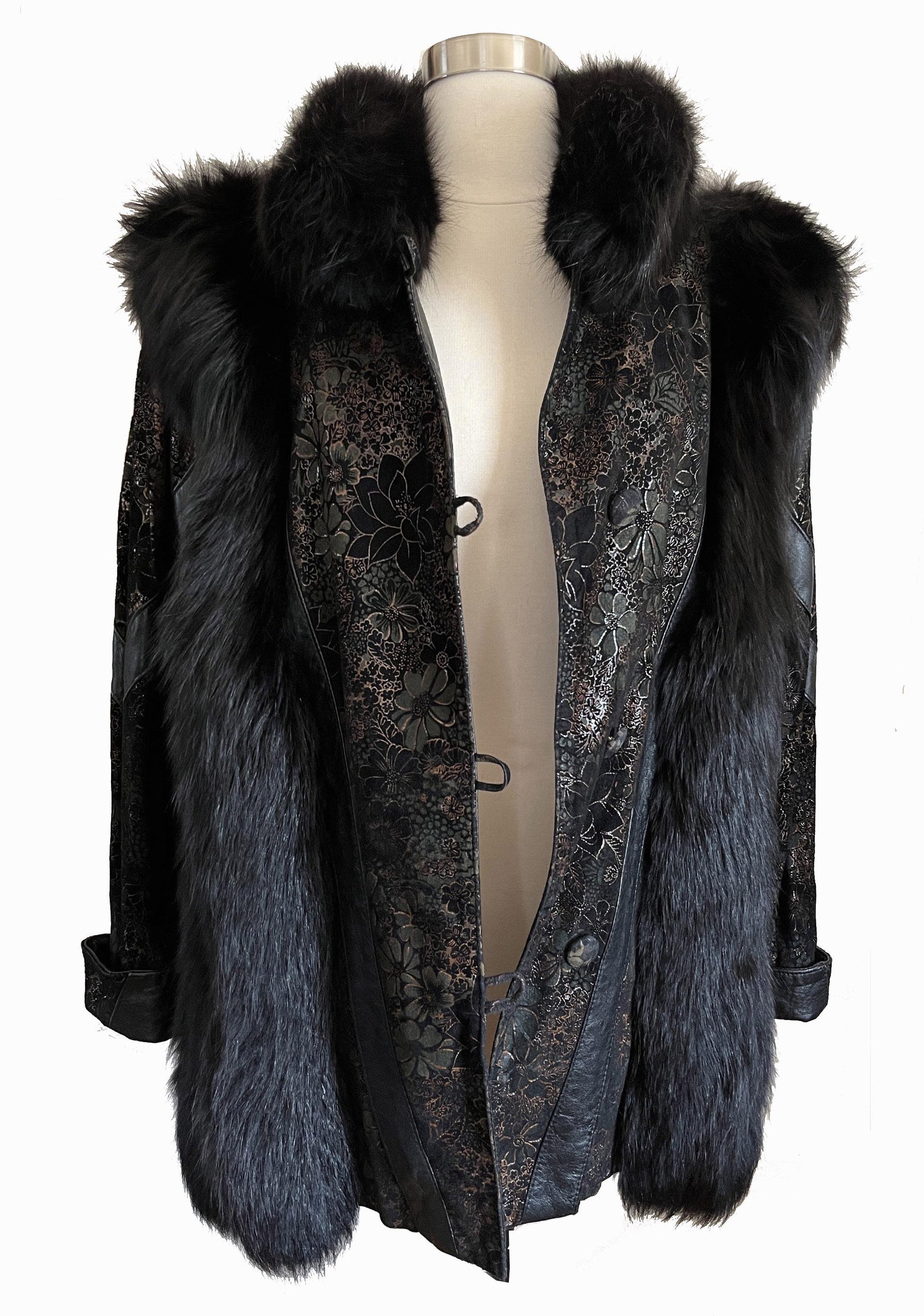 Black FOX Fur & Suede Leather Coat, '80s Diva Real Vintage, White Winter Wedding Stole, Mob Wife Aesthetic Jacket, Large XL